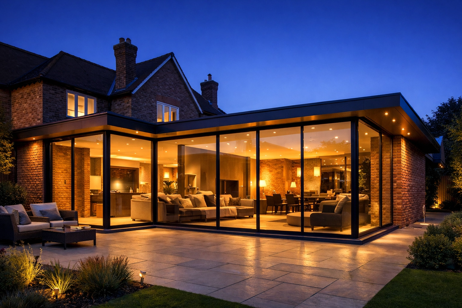 Completed home extension with modern glass and brickwork, built safely following party wall regulations.