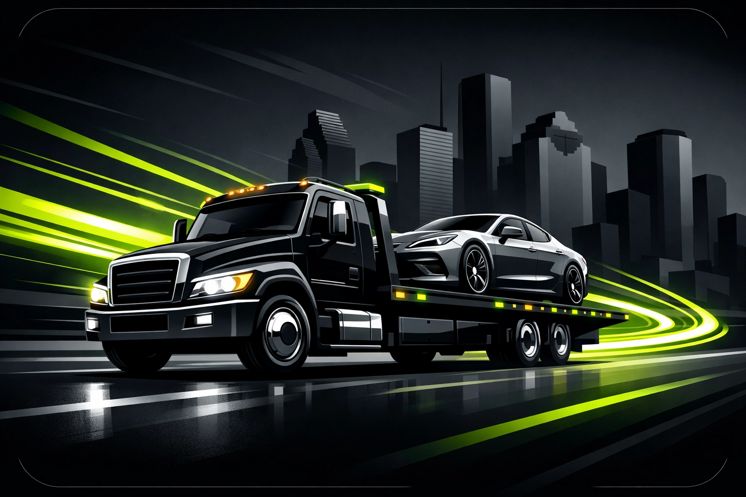 Professional flatbed tow truck transporting a vehicle through Houston for long distance towing leads.