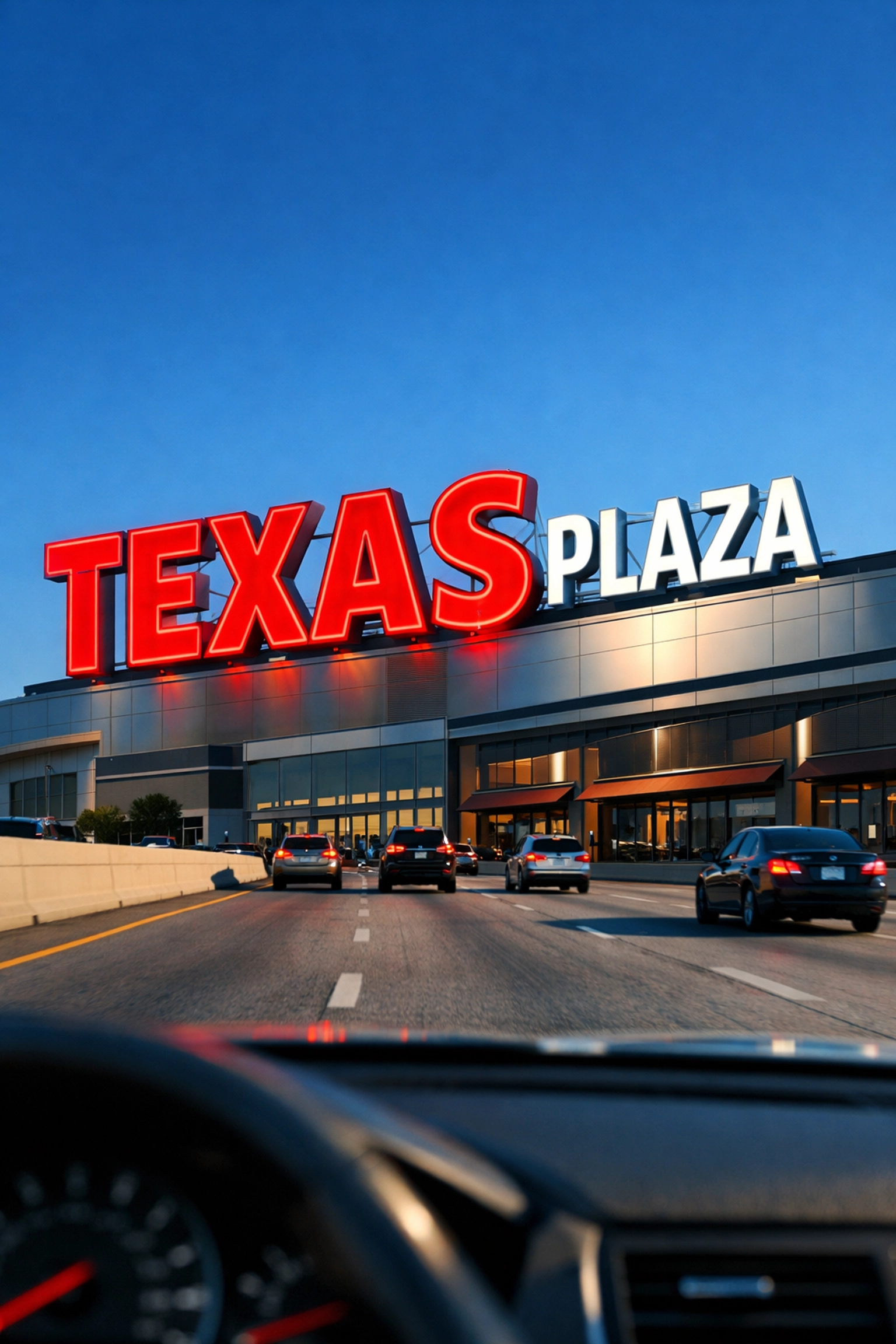 High-visibility crimson LED storefront signage visible from a Dallas Fort Worth highway.