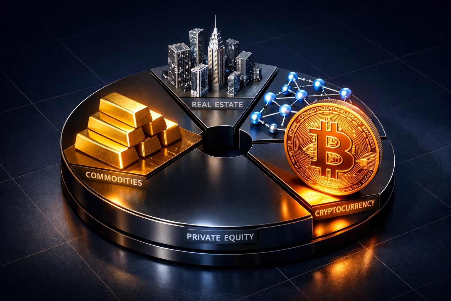 Diversified investment portfolio showing Bitcoin, real estate, and alternative asset allocation