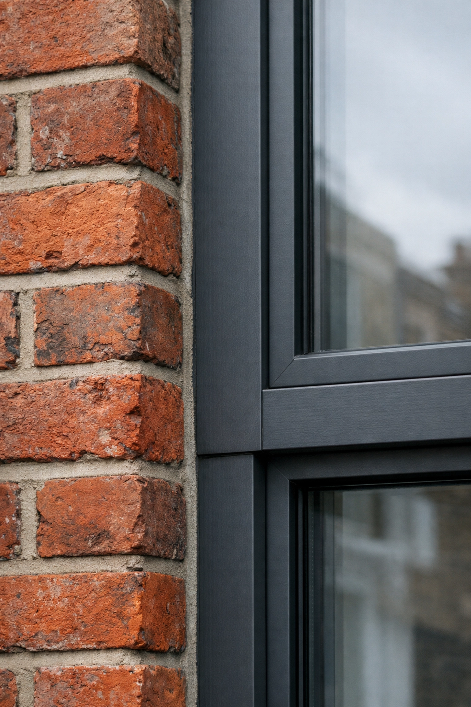 Close-up of precise brickwork and a modern window frame by a house extension specialist.