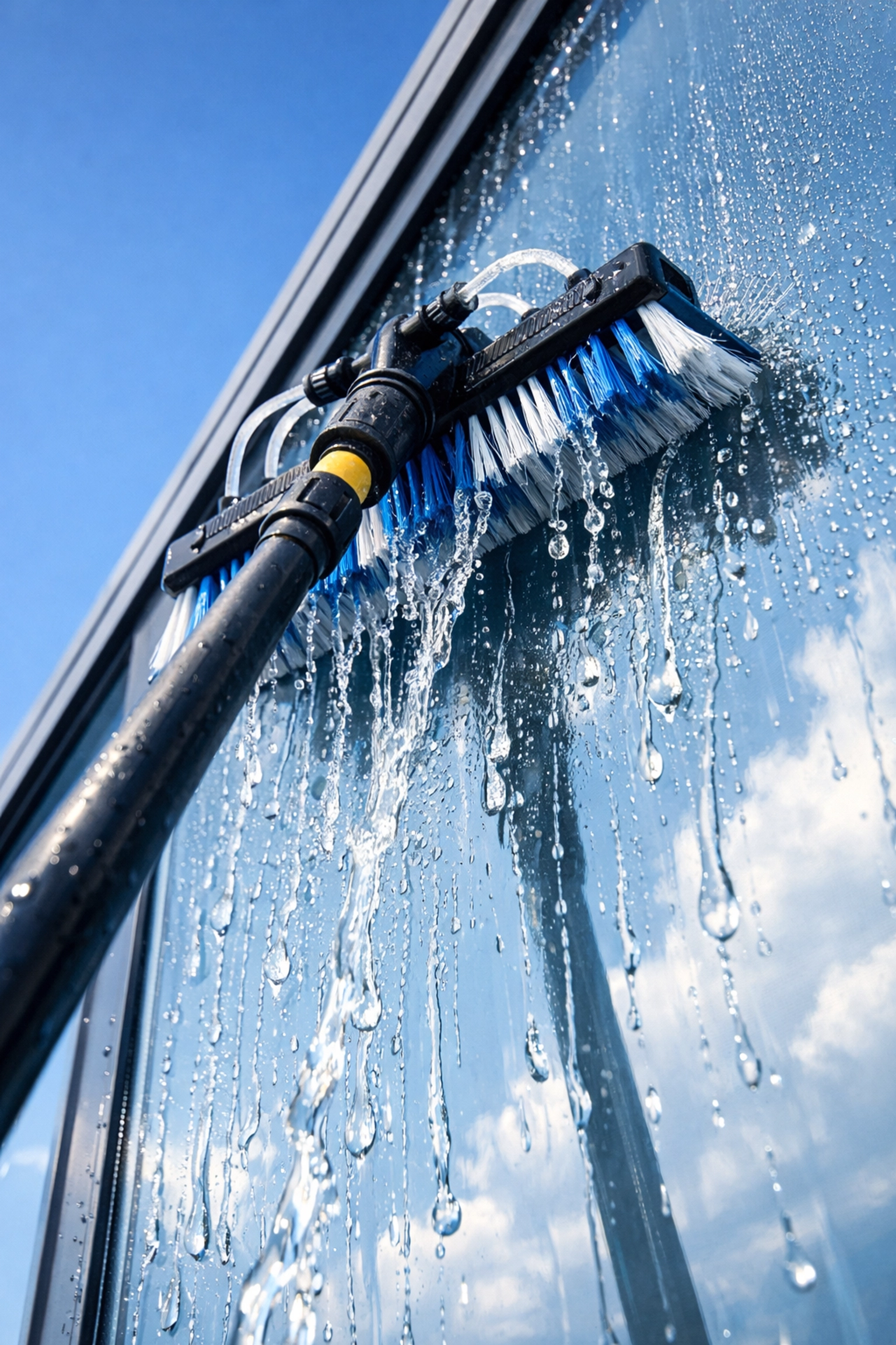 Water fed pole cleaning window with pure water streaming down the glass