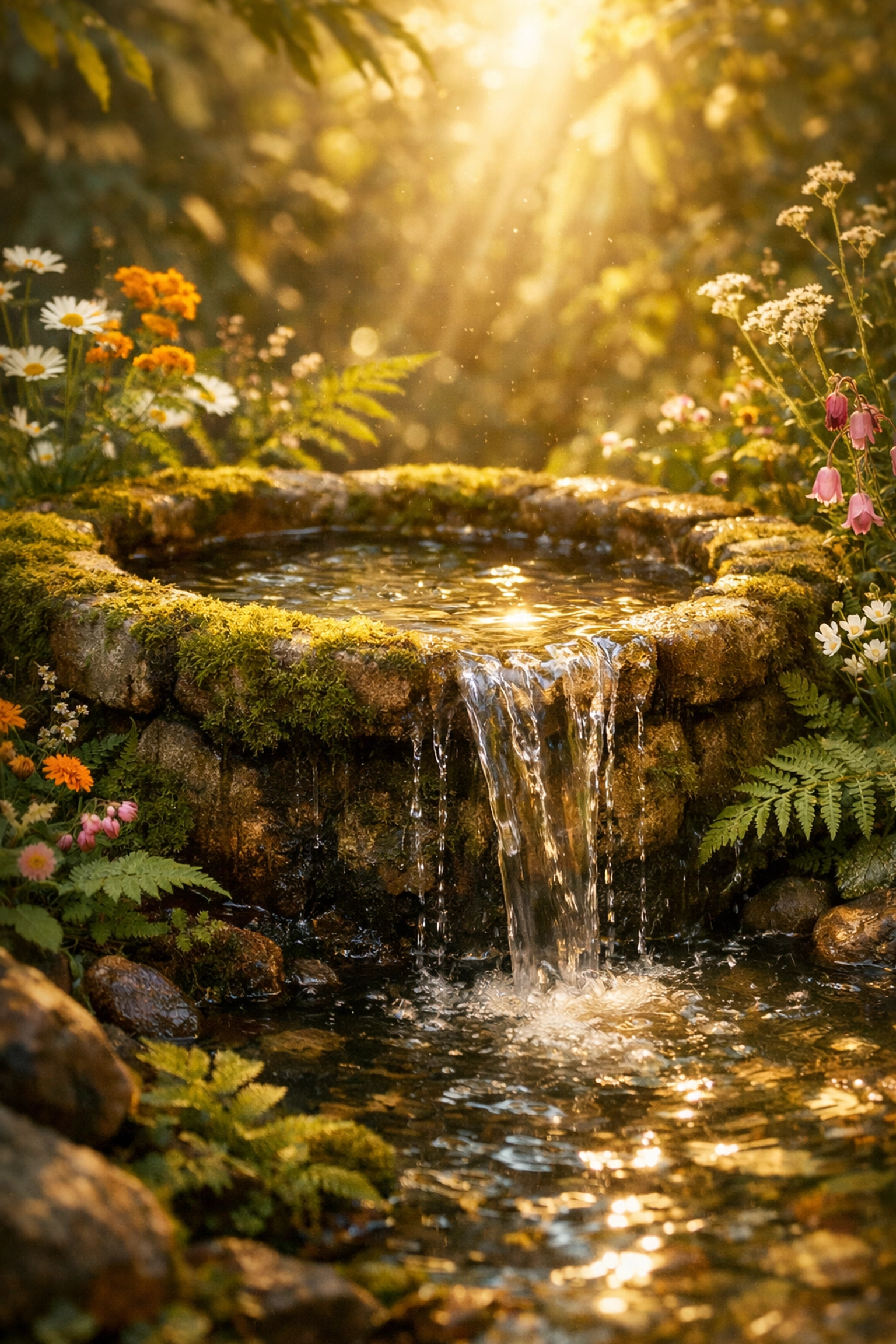 A natural stone wellspring in a forest, representing the sacred source of healing for the soul.
