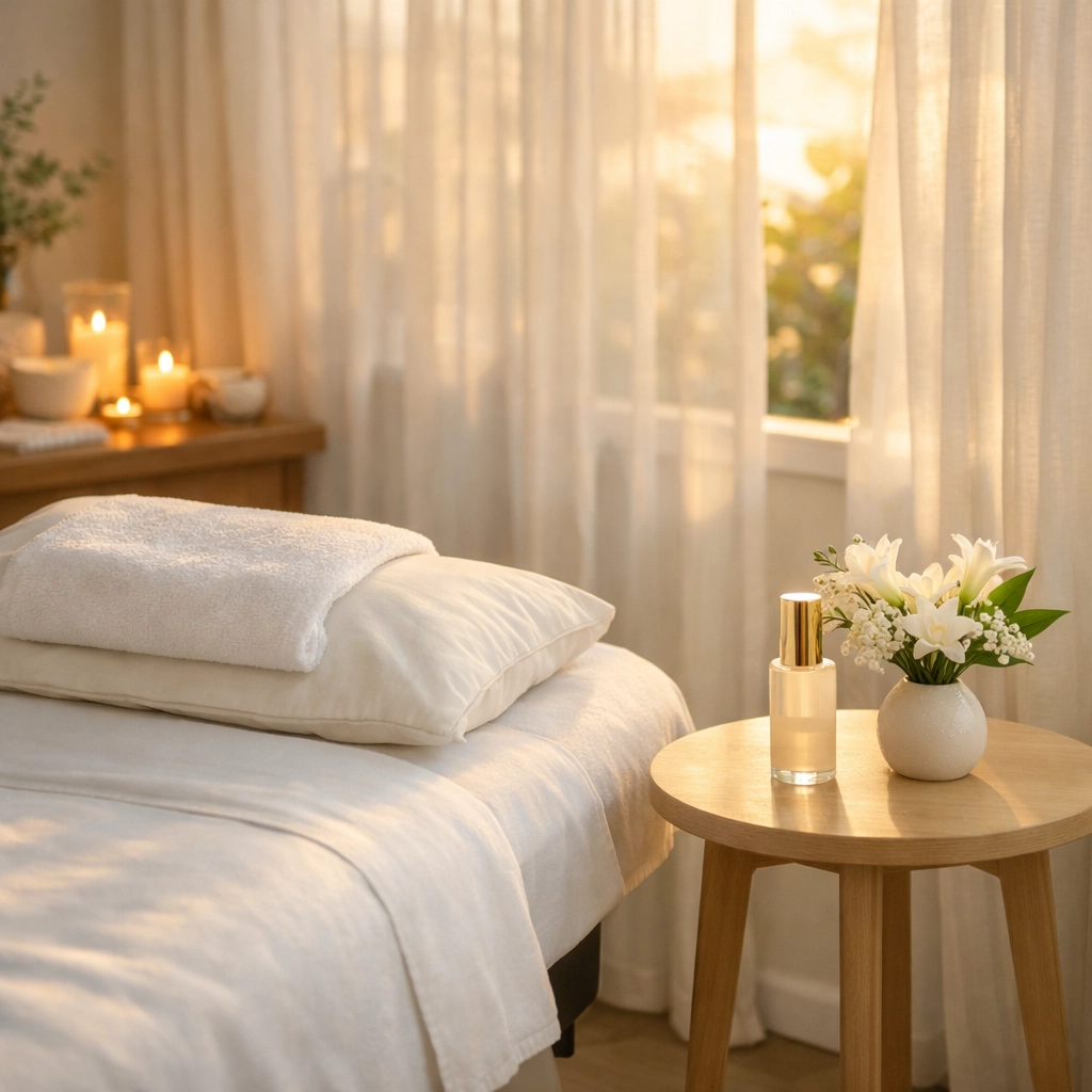 Relaxing spa treatment room at The FloraSpa in Peoria Heights