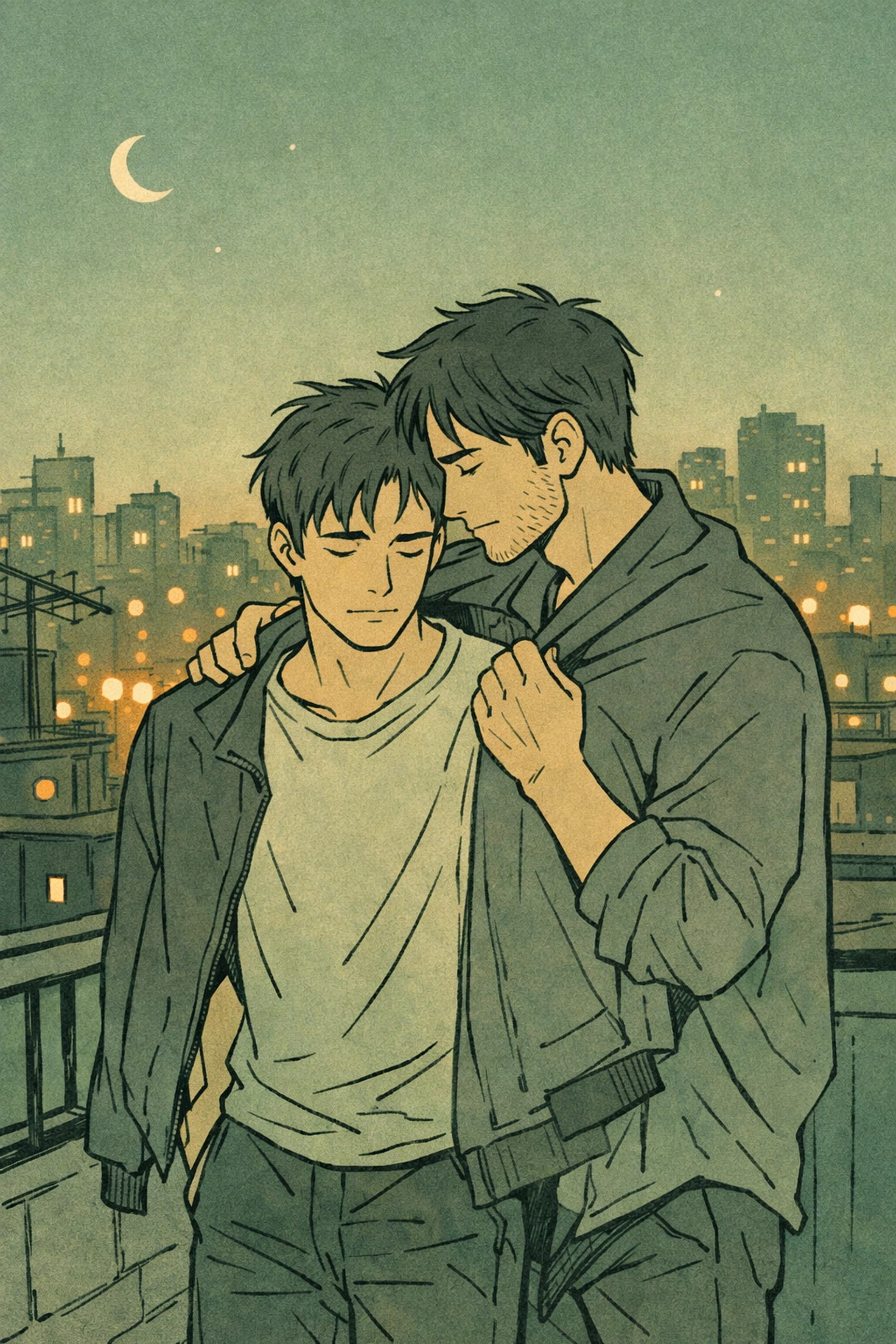 Two men share tender rooftop moment in MM detective romance The Precinct and the Path