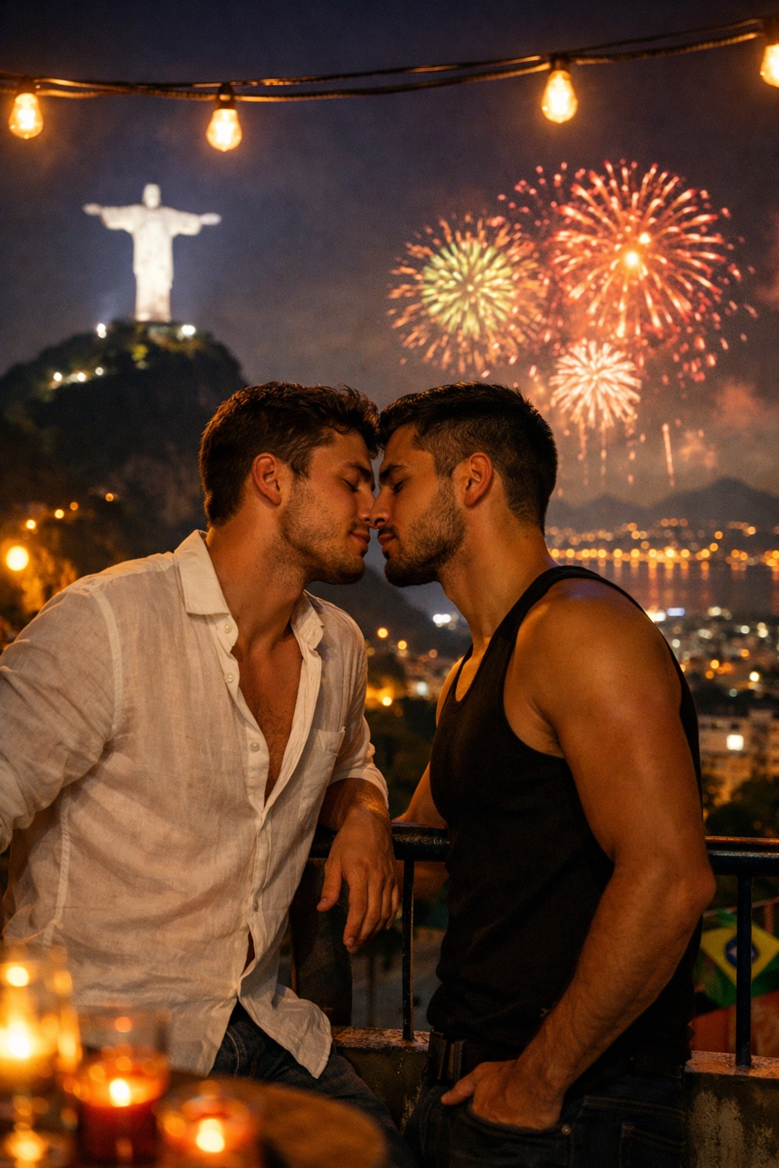 Gay couple sharing romantic moment on Rio rooftop during Carnival with city lights below
