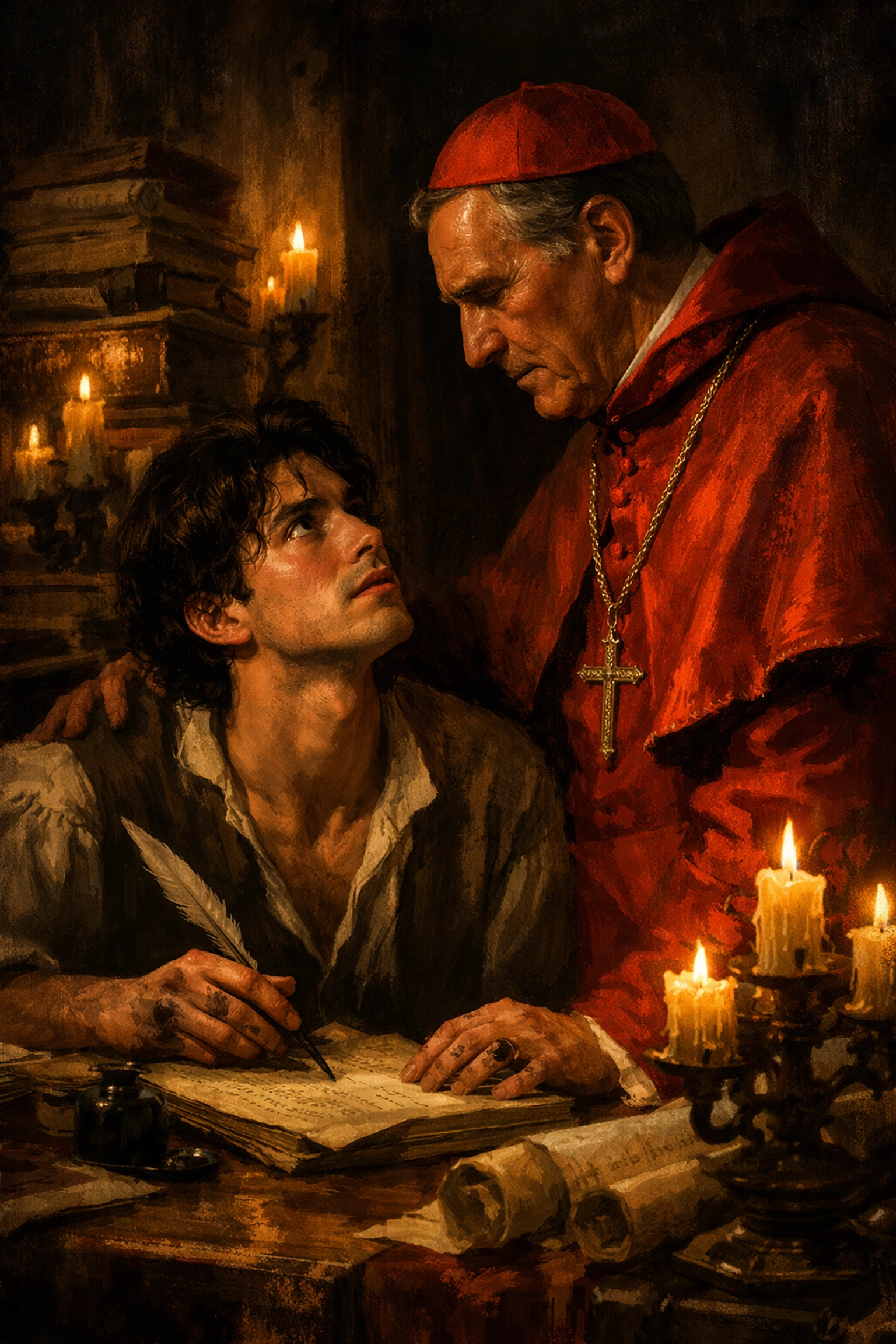 A scribe and Cardinal share a moment of romantic tension in a 16th-century Vatican scriptorium.