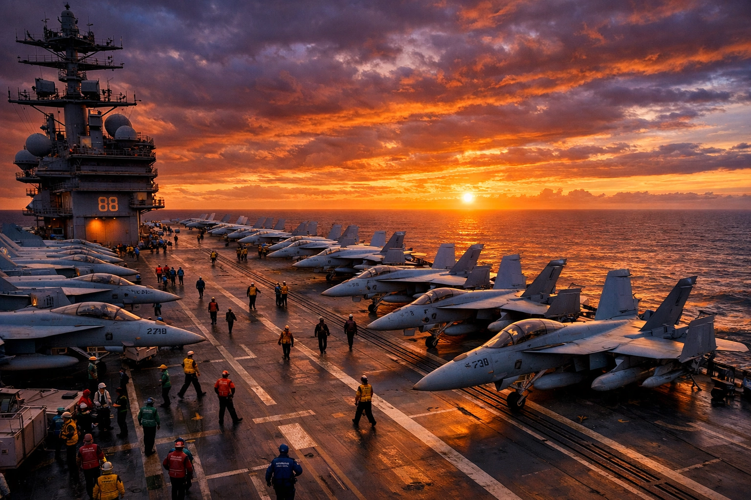 U.S. Navy aircraft carrier deck with fighter jets preparing for Middle East deployment