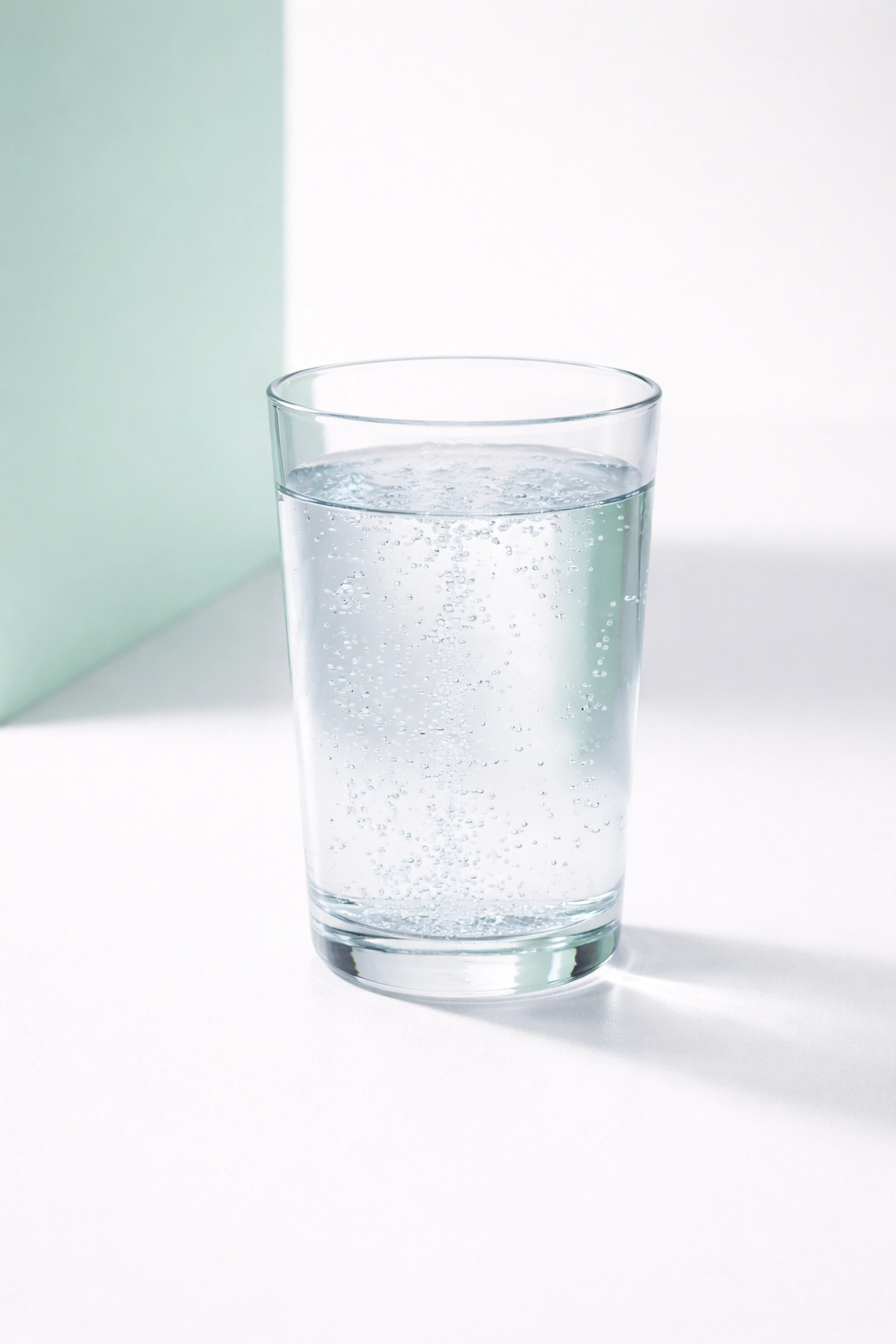 A clear glass of hydrogen water with rising bubbles on a white surface, illustrating hydrogen water benefits.