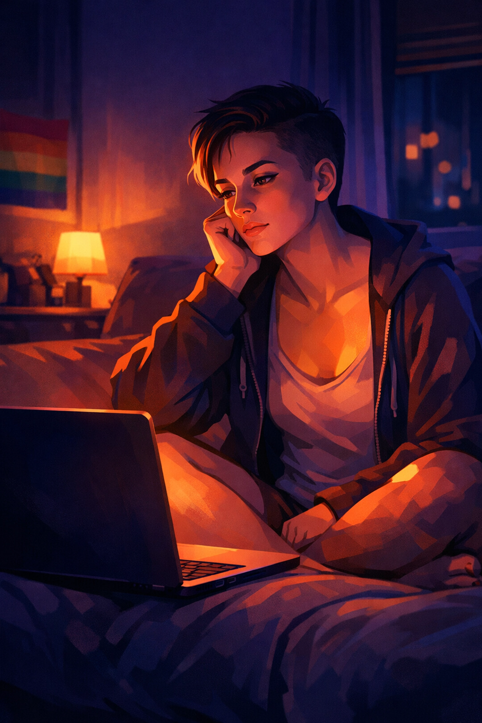 Lesbian woman contemplating porn and sexuality at night, queer exploration and reflection