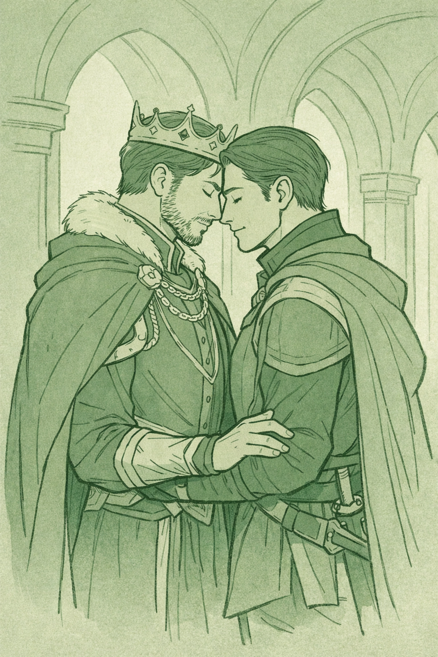 Prince and guard share intimate moment in gay historical romance palace setting