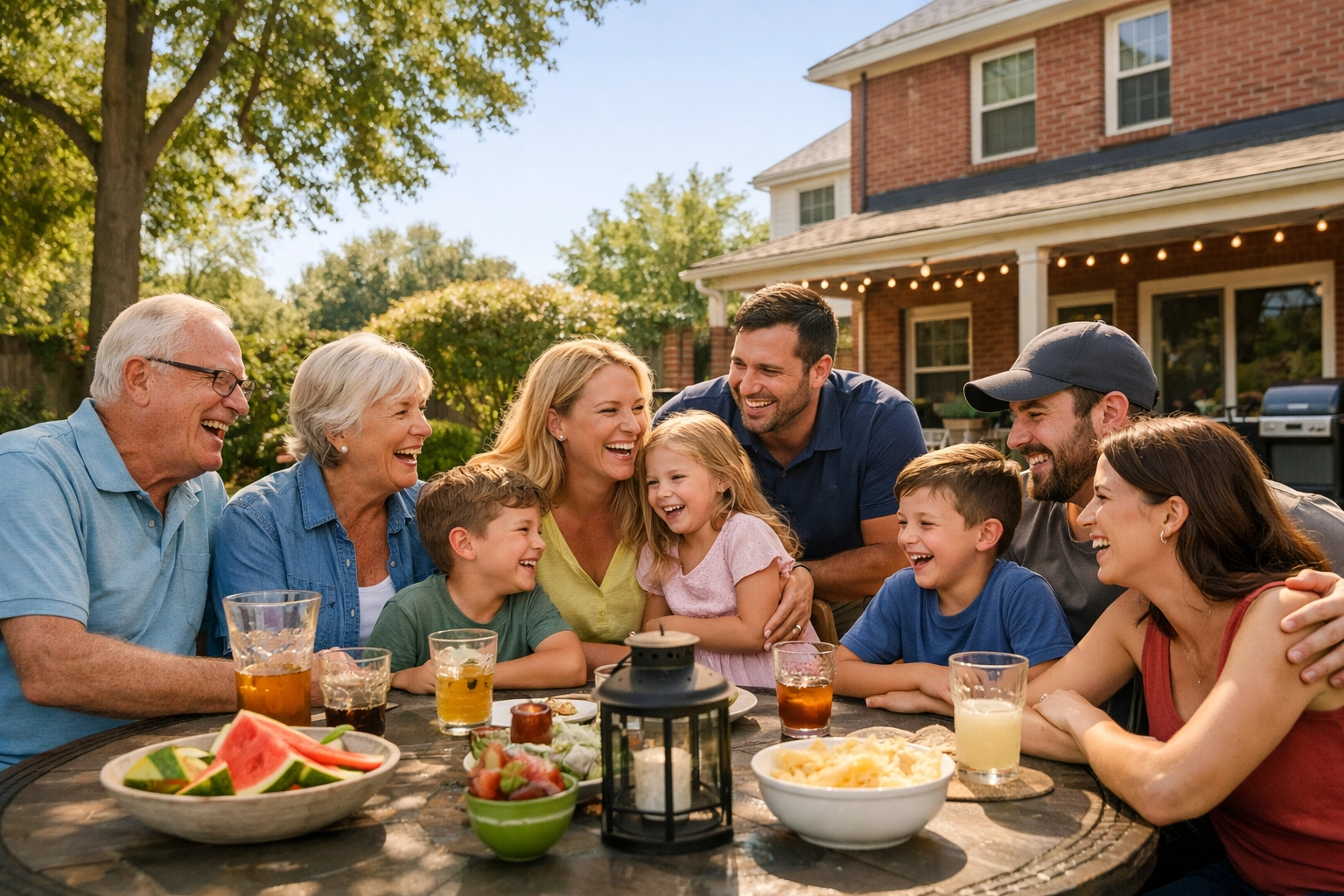 A happy multi-generational family in Michigan enjoying a backyard gathering, protected by final expense insurance.