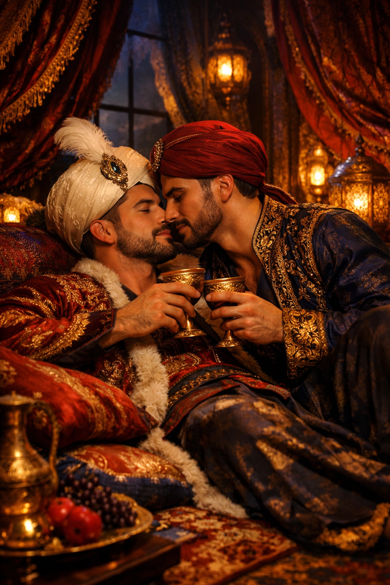 Ottoman sultan's private chamber with two men sharing wine, depicting gay romance in poetry