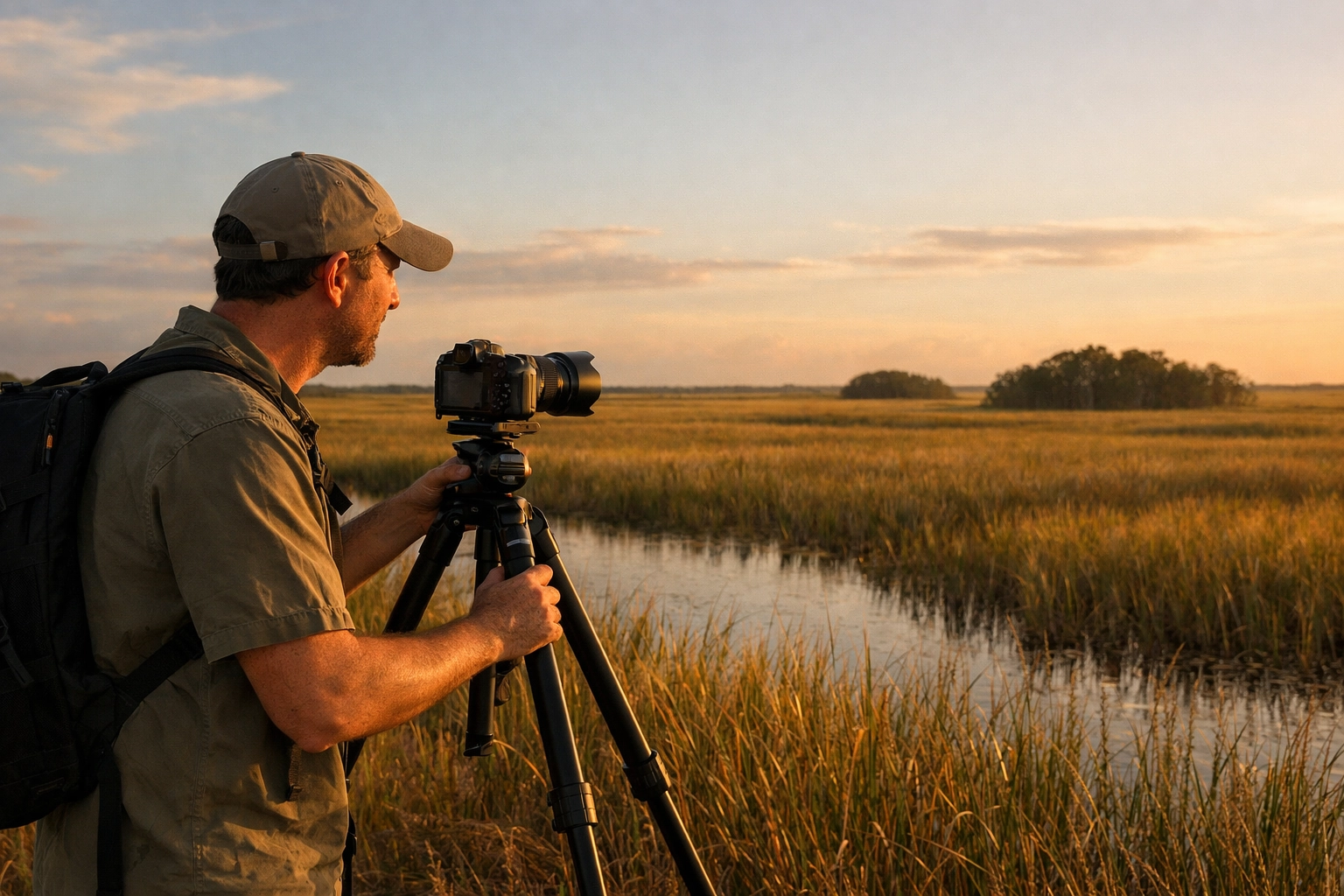 Professional photographer scouting the Everglades landscape to prepare for high-end photography job opportunities.