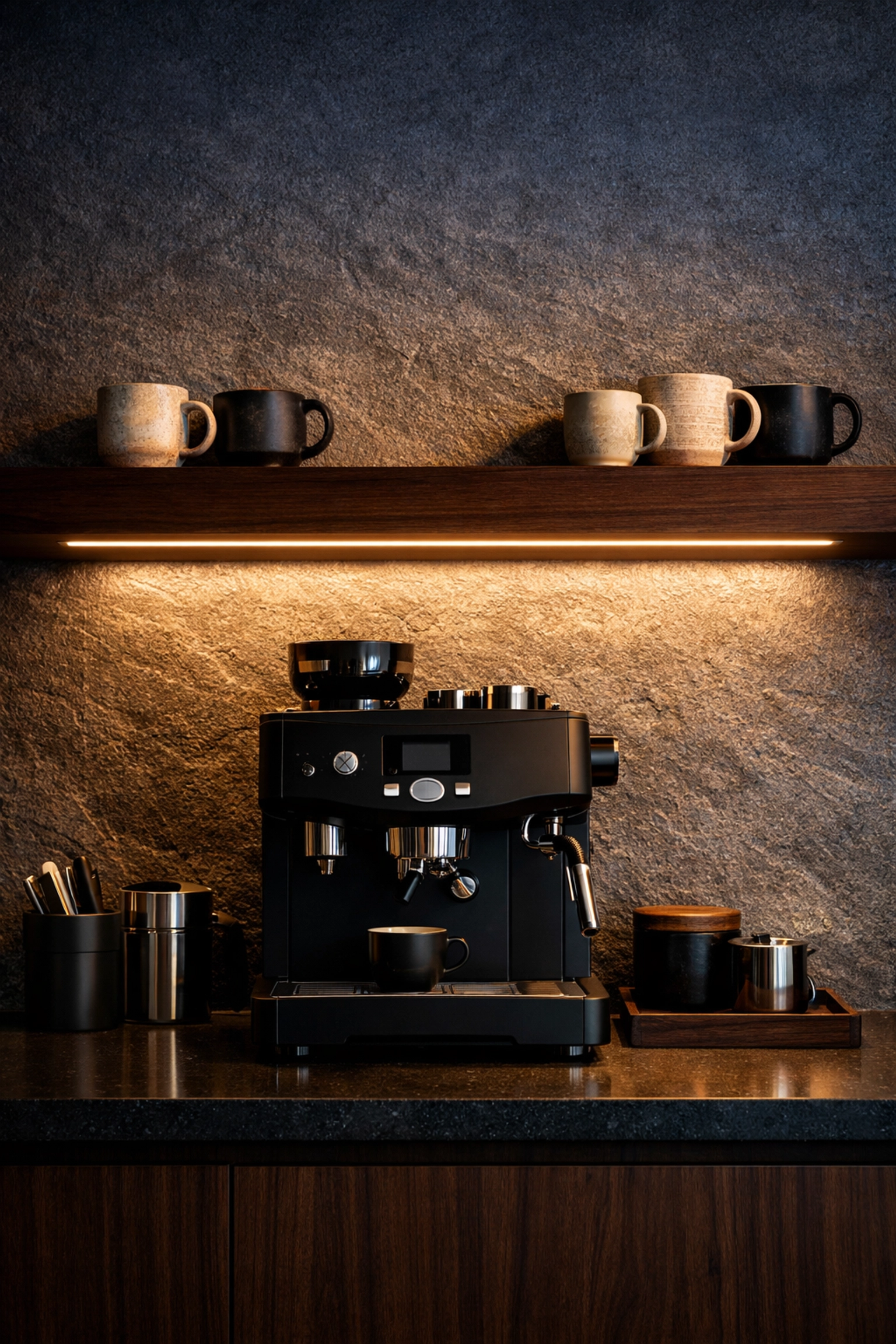 Luxury kitchen coffee bar with warm recessed linear LED lighting under a dark walnut shelf.