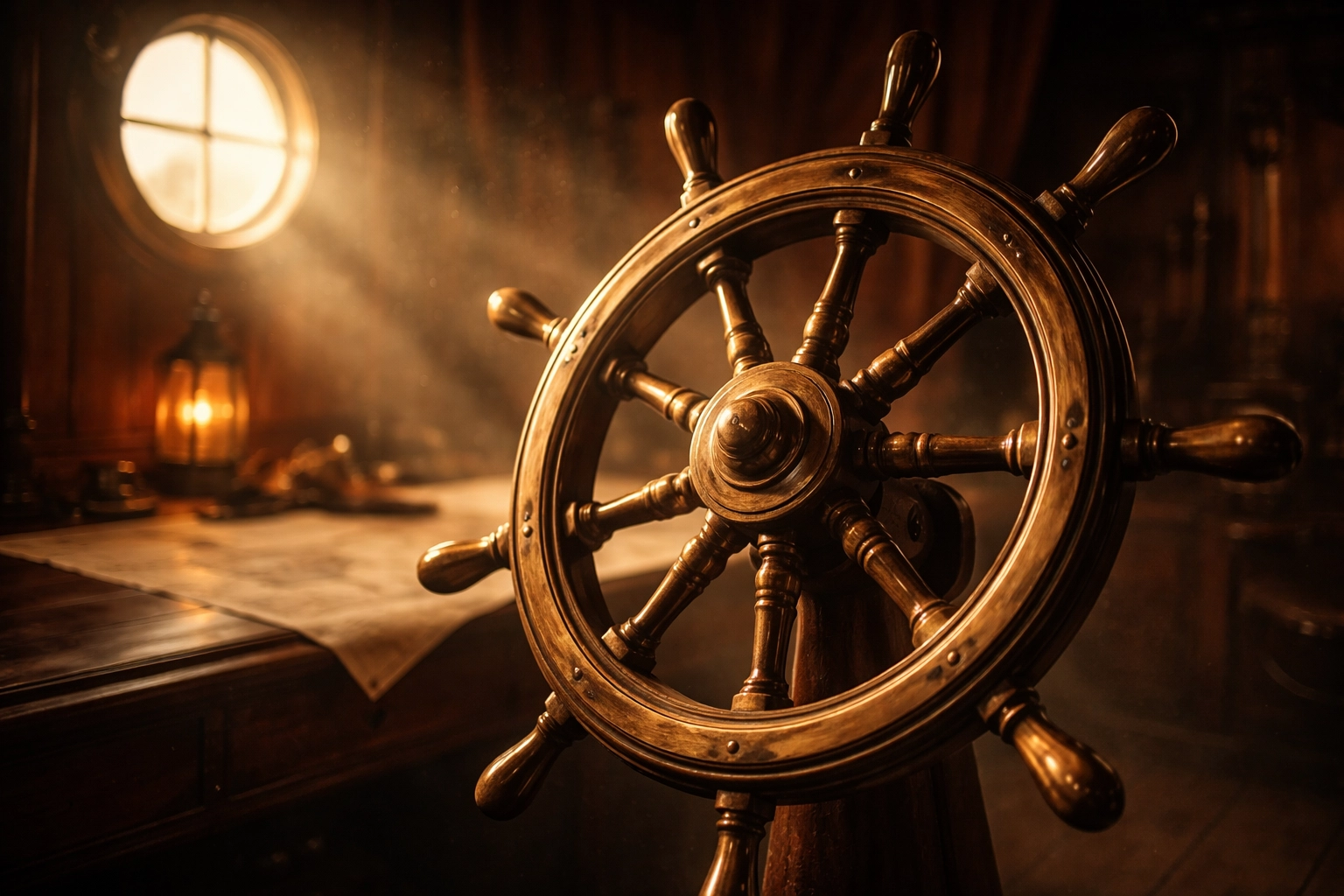 Antique ship wheel in captain’s quarters highlighting risks of unmanaged or set-and-forget investment portfolios