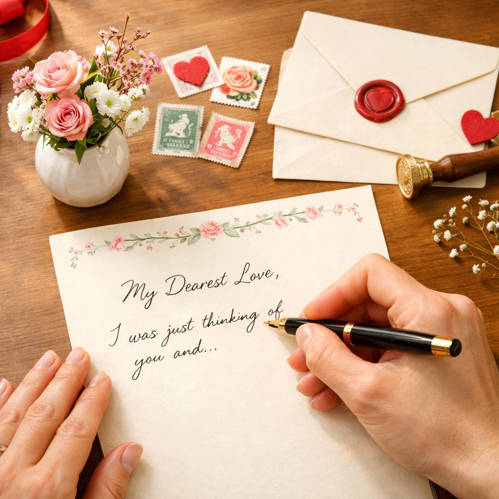 Writing handwritten Valentine's letter with flowers and stationery on desk