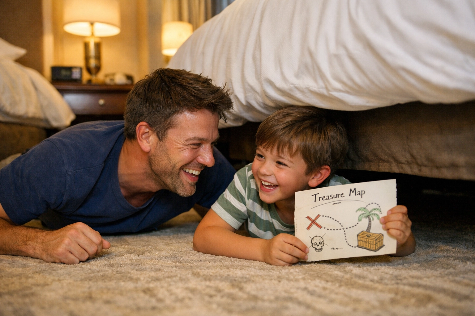 A father and son playing a treasure map scavenger hunt in a hotel room during a family vacation.