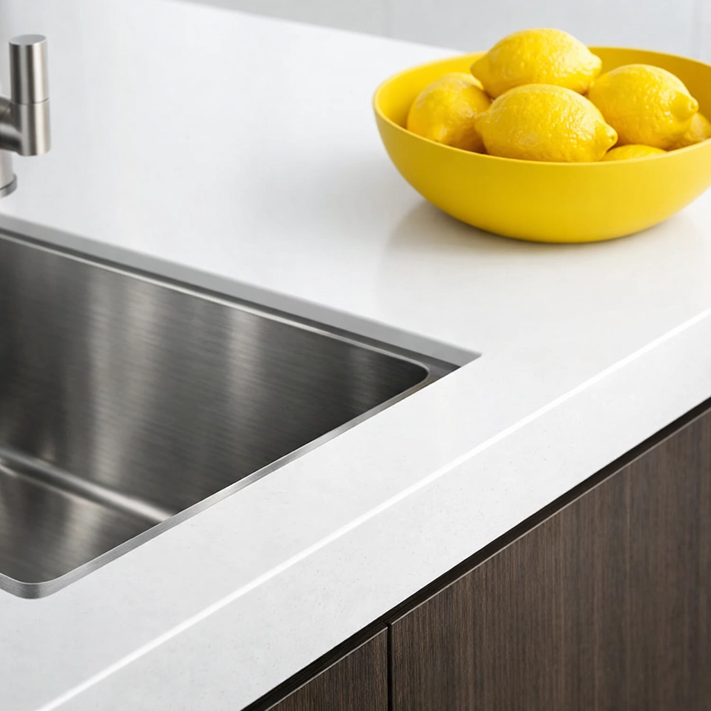 Close-up of a stainless steel kitchen sink and white porcelain countertop after cleaning.