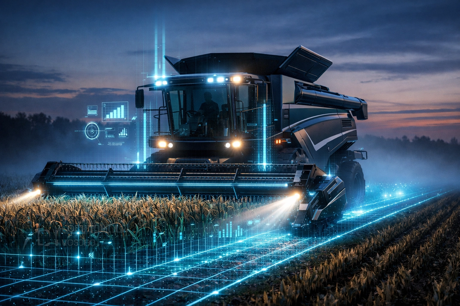 High-tech harvester with digital sensors improving crop yields through precision agriculture.