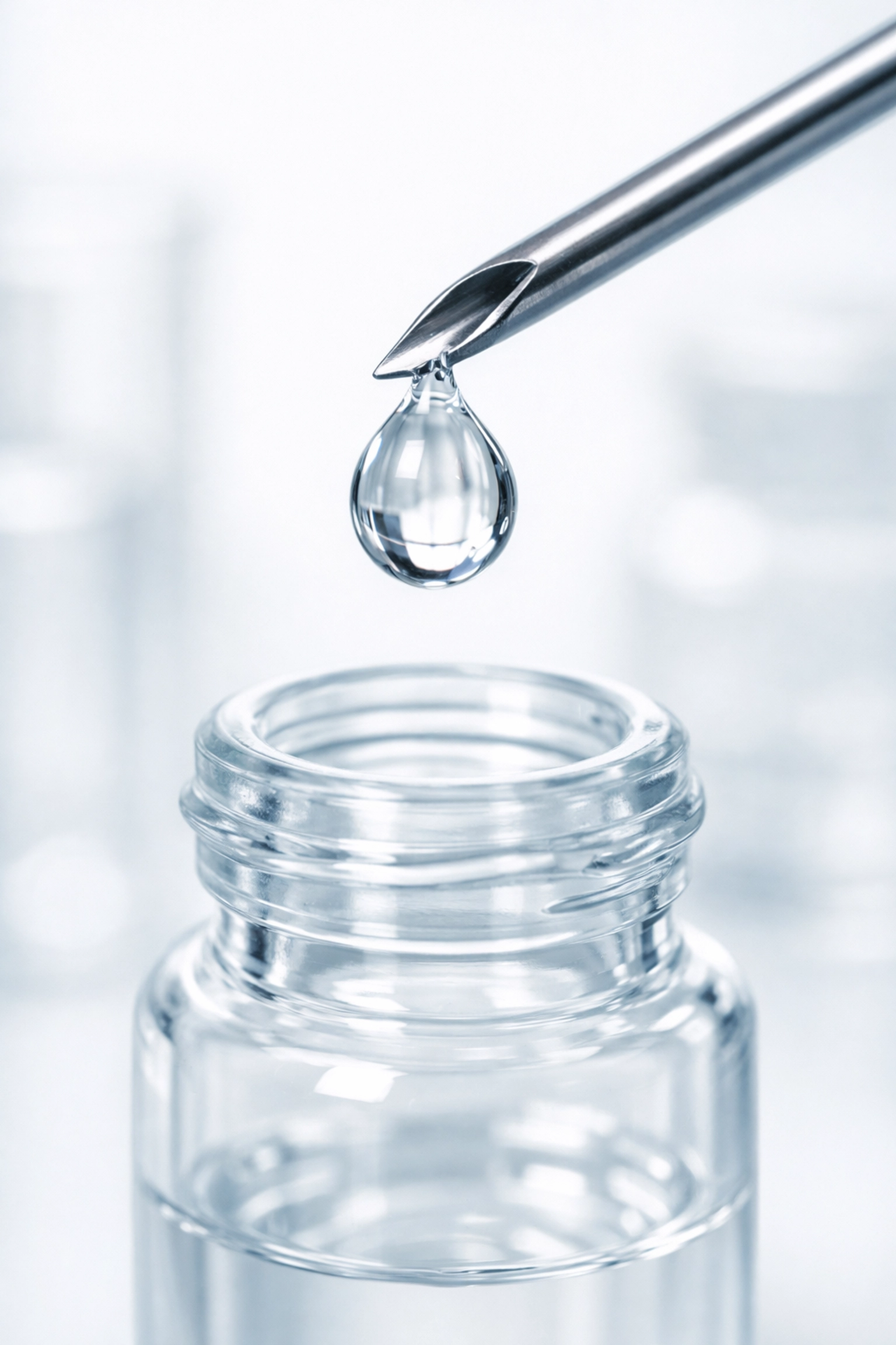 Precise reconstitution of research peptides using a sterile needle and glass vial.