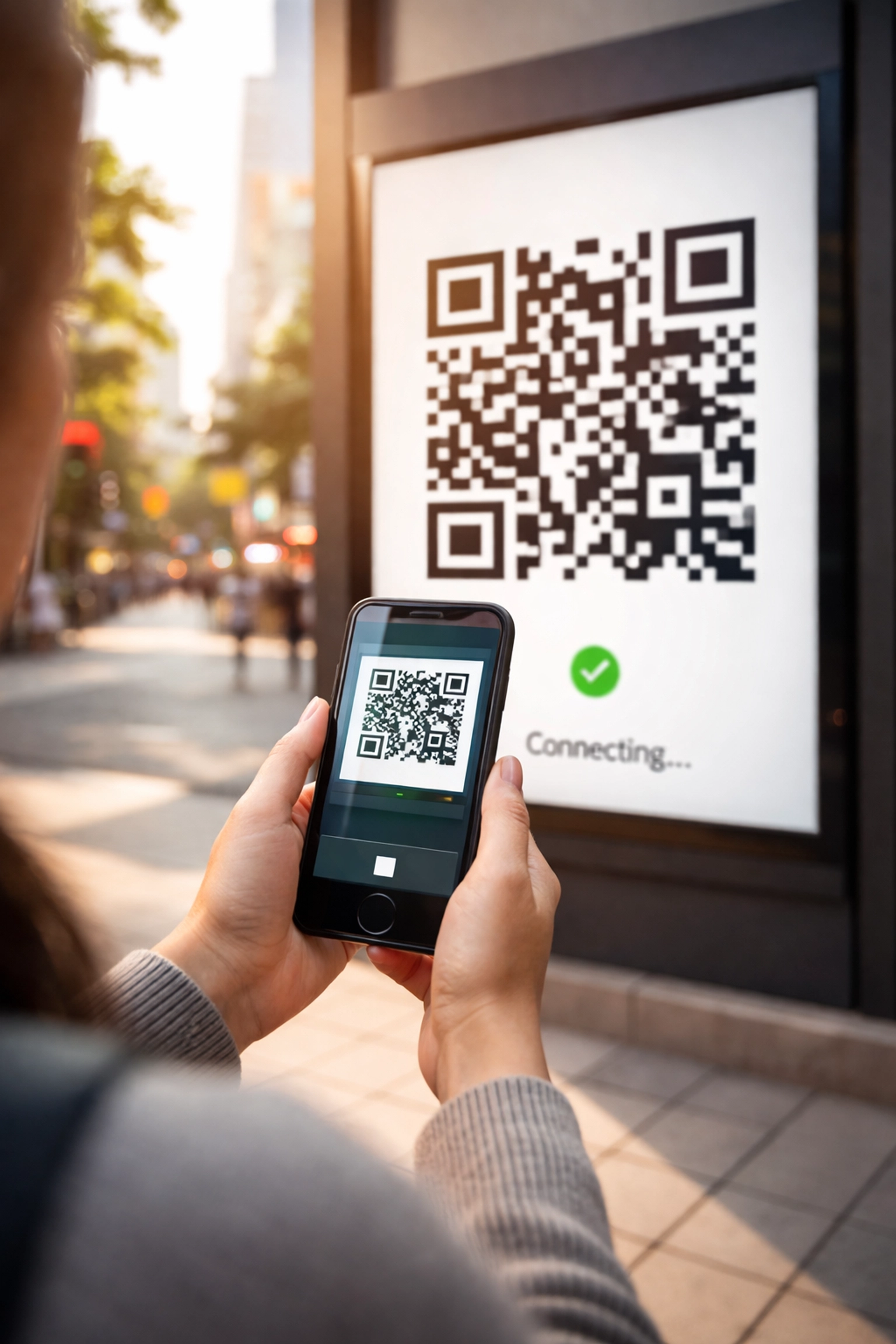 Consumer uses smartphone to scan QR code on billboard, bridging outdoor and digital advertising