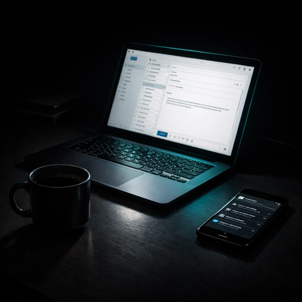 Founder's desk at night with laptop and coffee, managing outbound sales without remote SDR overhead