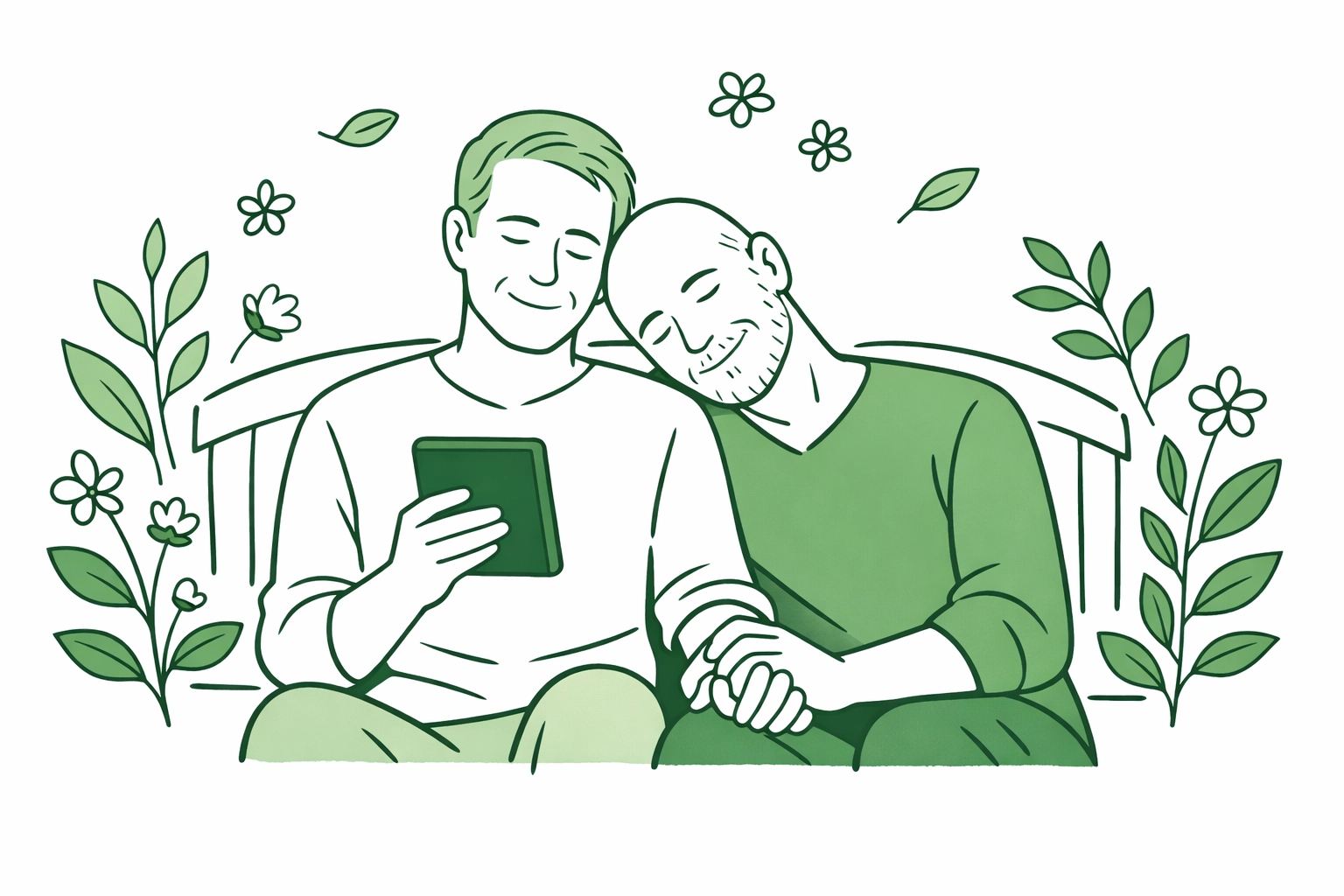 Older MM couple reading an eBook together in a garden, reflecting the joy of finding gay romance later in life.