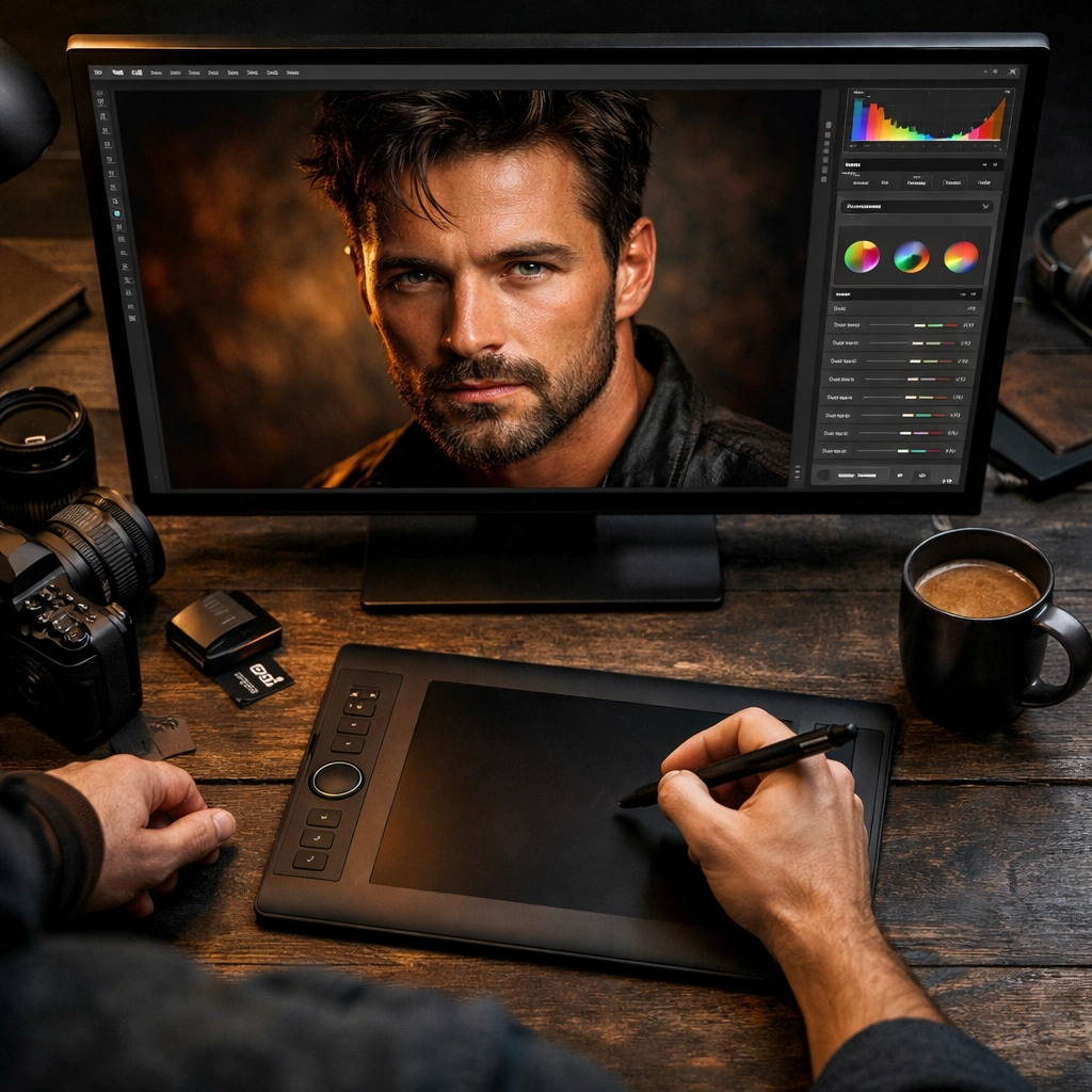 Professional editing workspace displaying post-processing portrait techniques on a monitor.