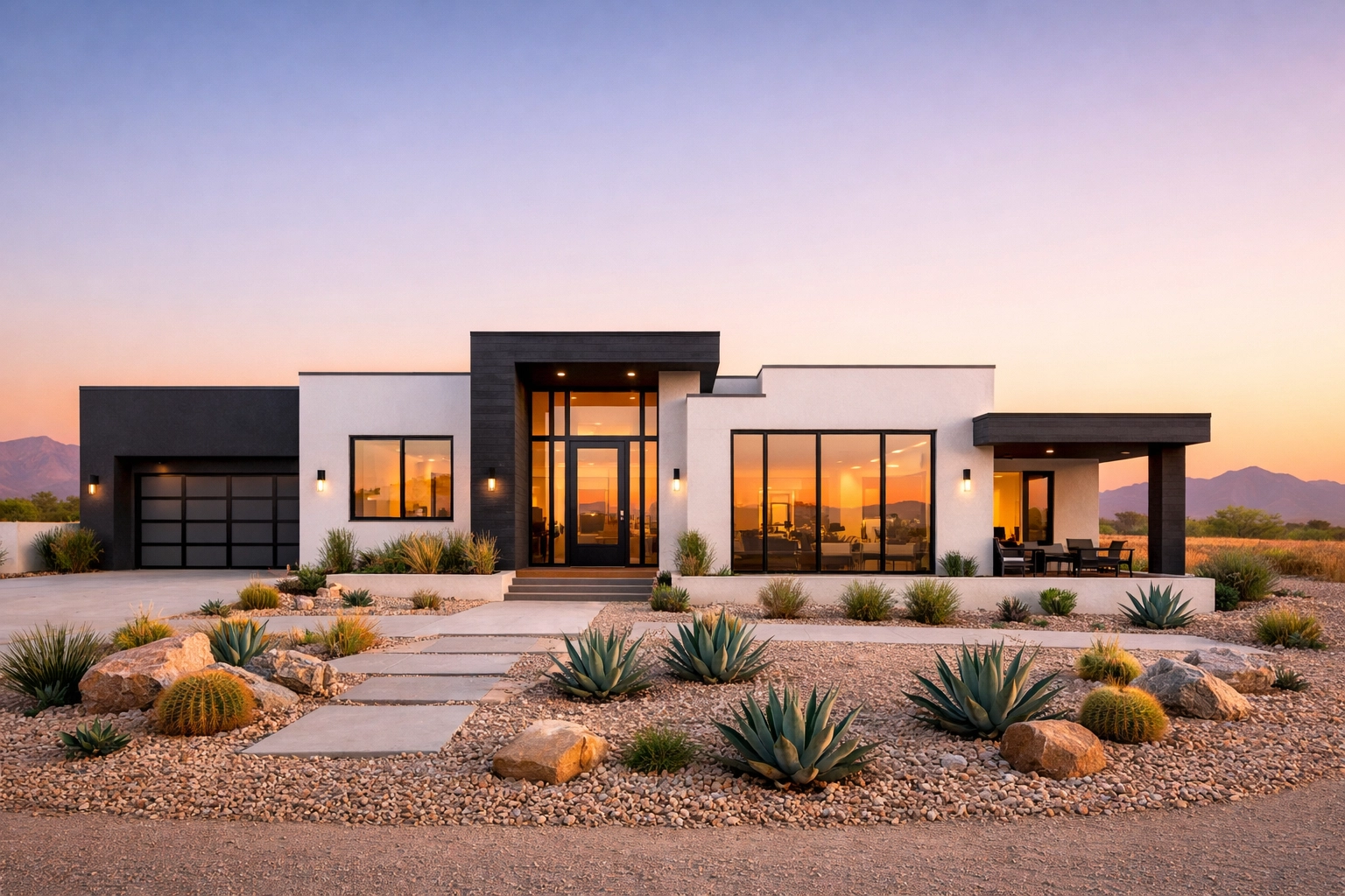 Modern new construction home in Buckeye, AZ with desert landscaping and White Tank Mountain views.