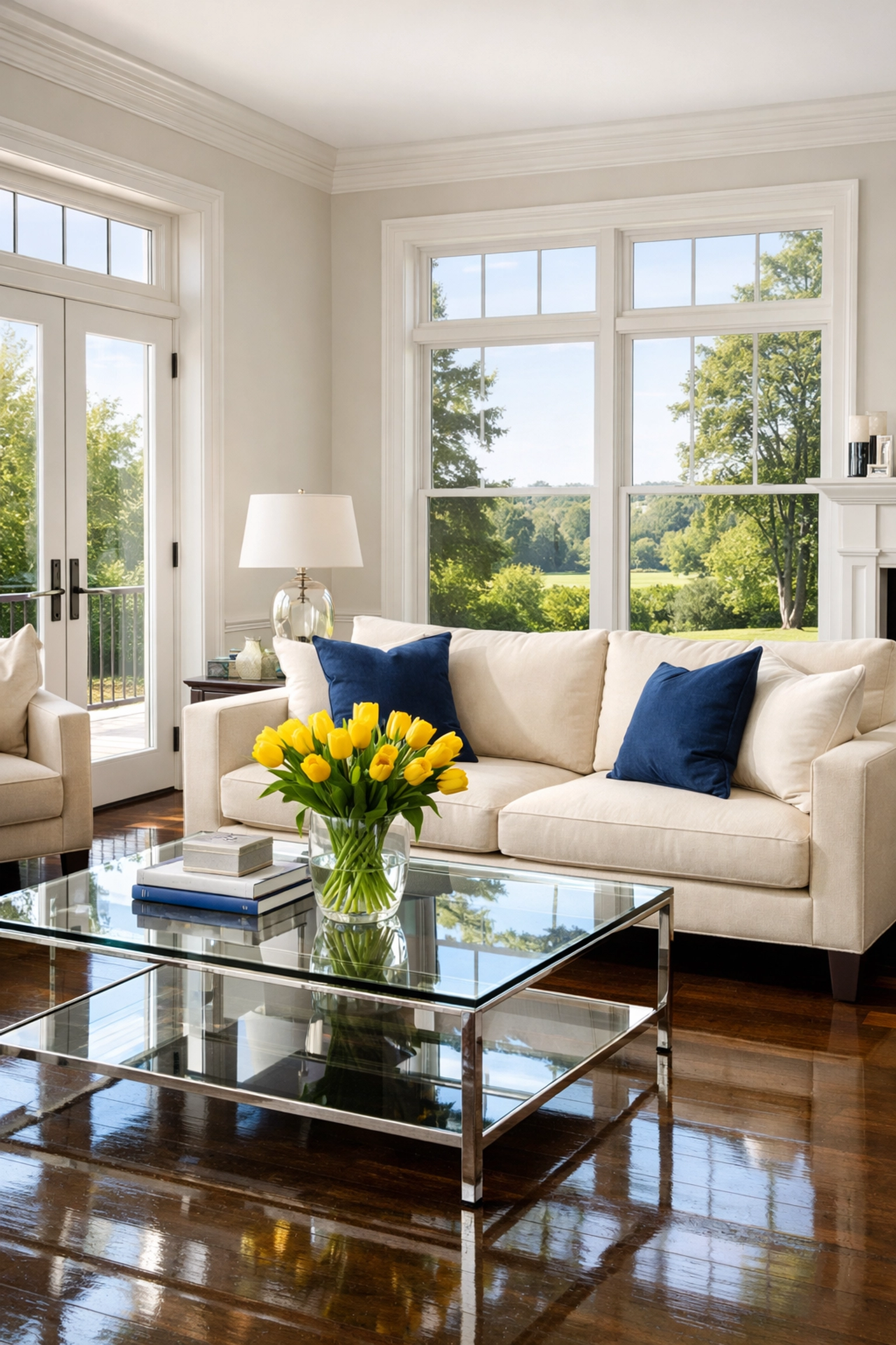 Professional house cleaning Ashby MA services for a spotless living room with clean floors and windows.