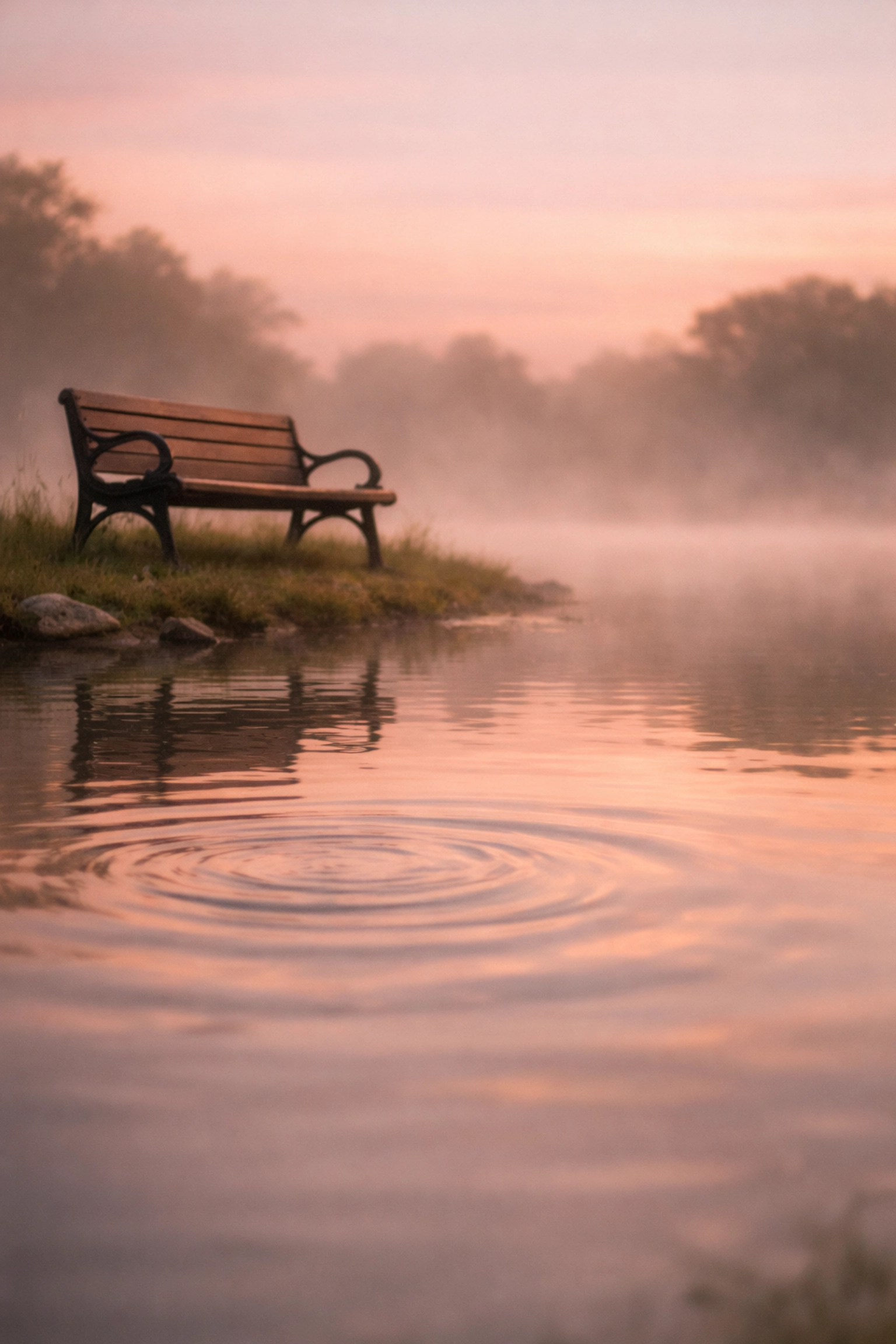 Empty park bench by still water symbolizing quiet space needed for creative voice to emerge