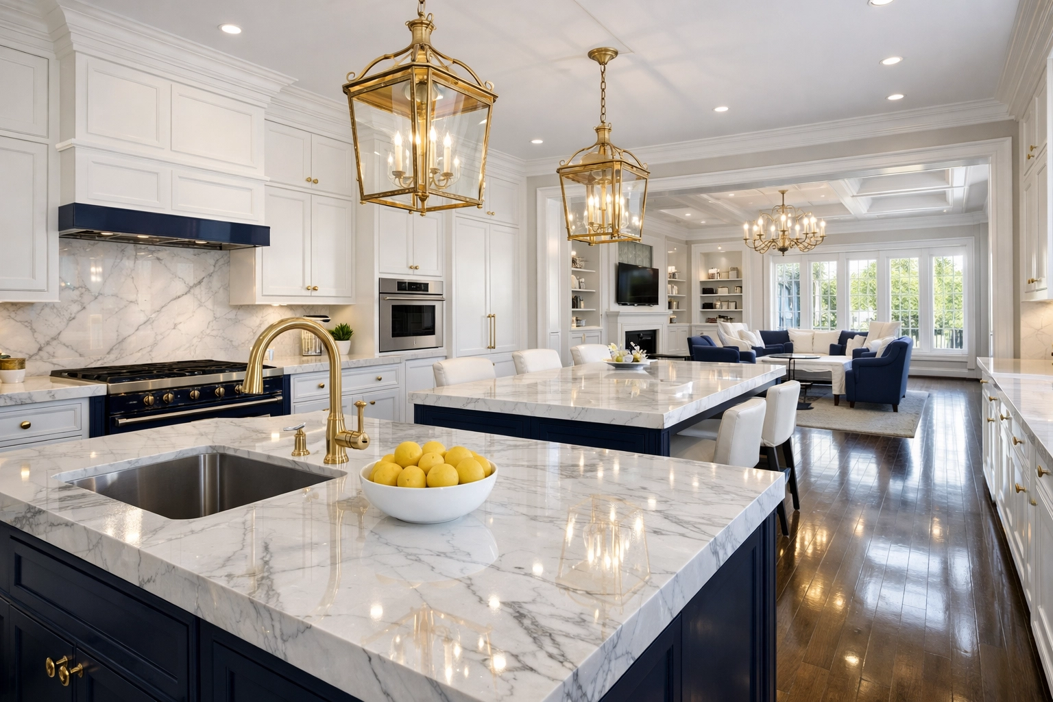 Pristine luxury kitchen in Dover showcasing high-end residential cleaning Massachusetts standards on marble surfaces.
