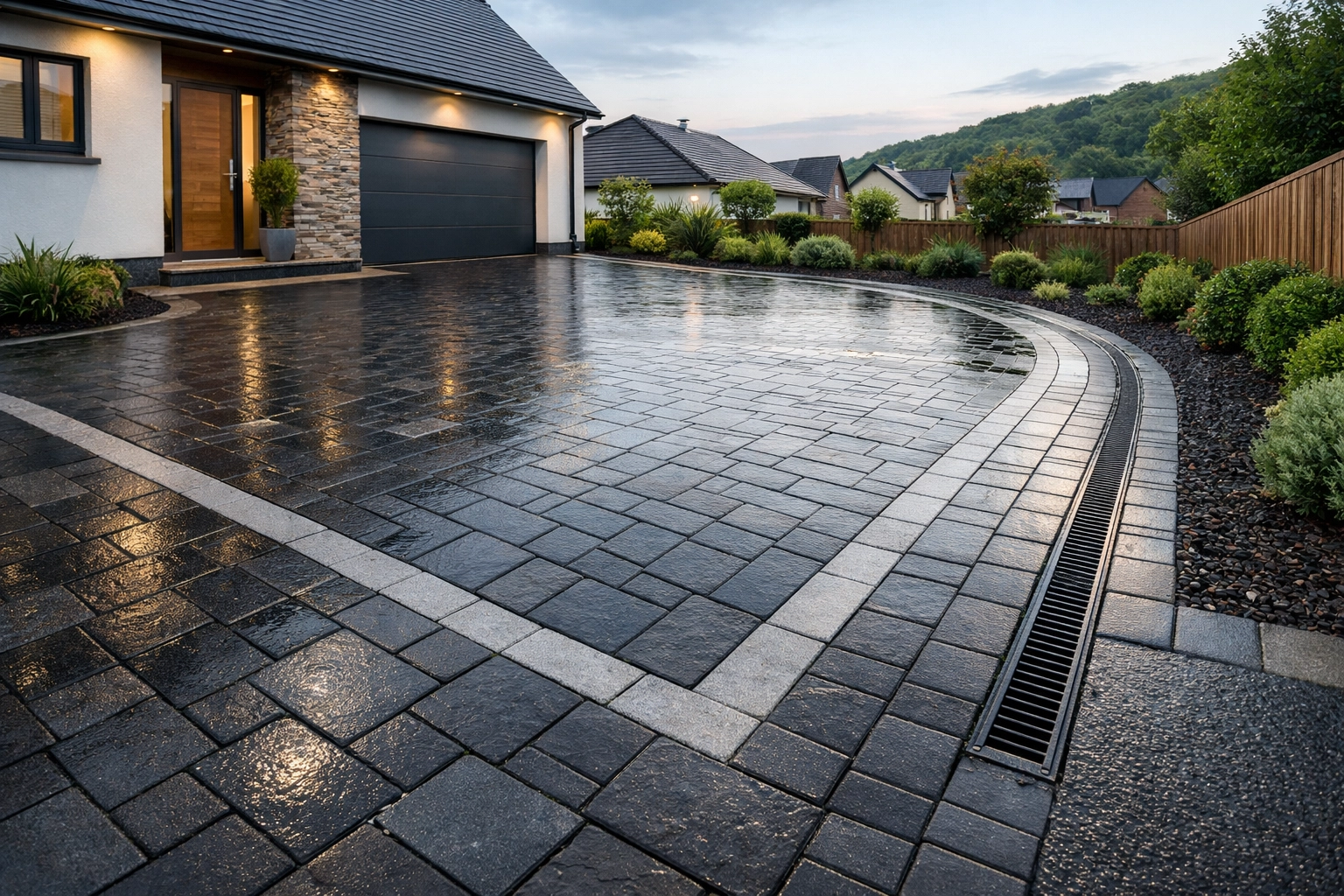 Professionally graded charcoal block paving driveway in South Wales directing rainwater away from the house.