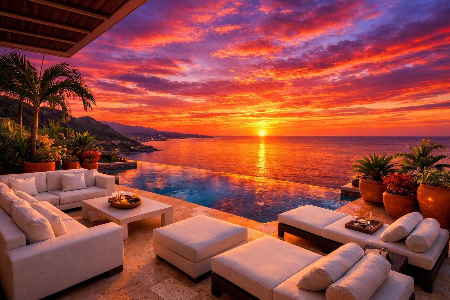 Private terrace with sunset ocean views at Amapas Puerto Vallarta rental