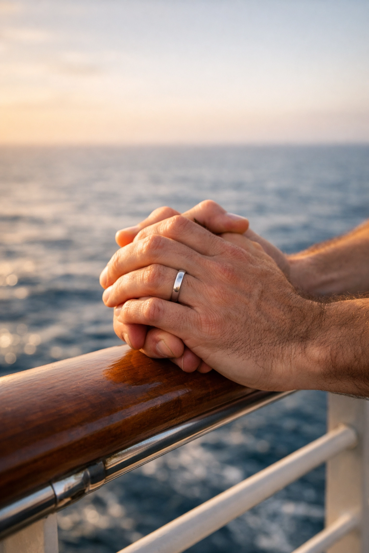 Two men holding hands on cruise ship railing overlooking ocean, symbolizing LGBTQ+ freedom