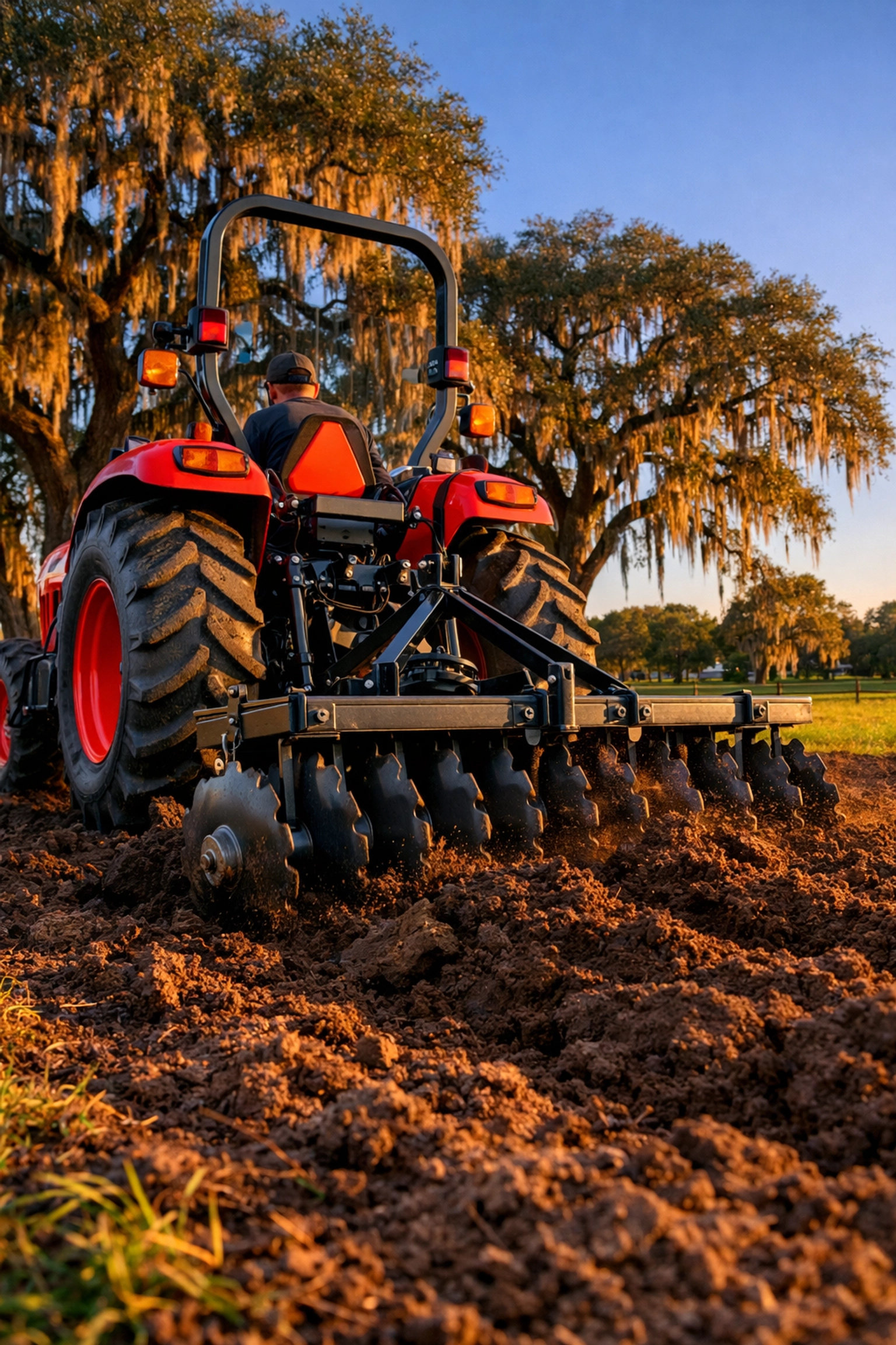 Compact tractor with disc harrow tilling Florida soil at sunset on a homestead near Ocala.