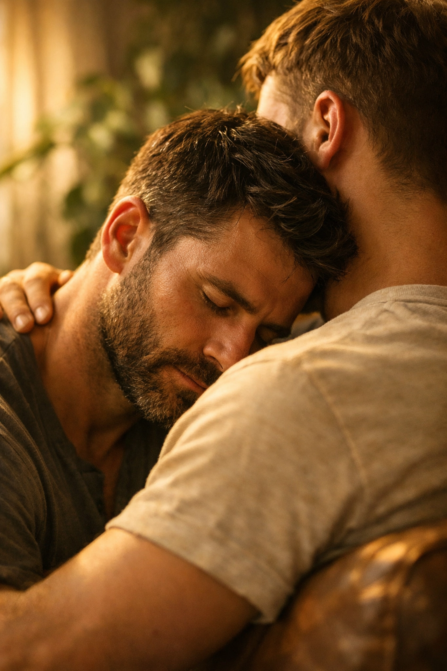 Two men in a tender embrace, showing soft masculinity and emotional intimacy in MM romance.