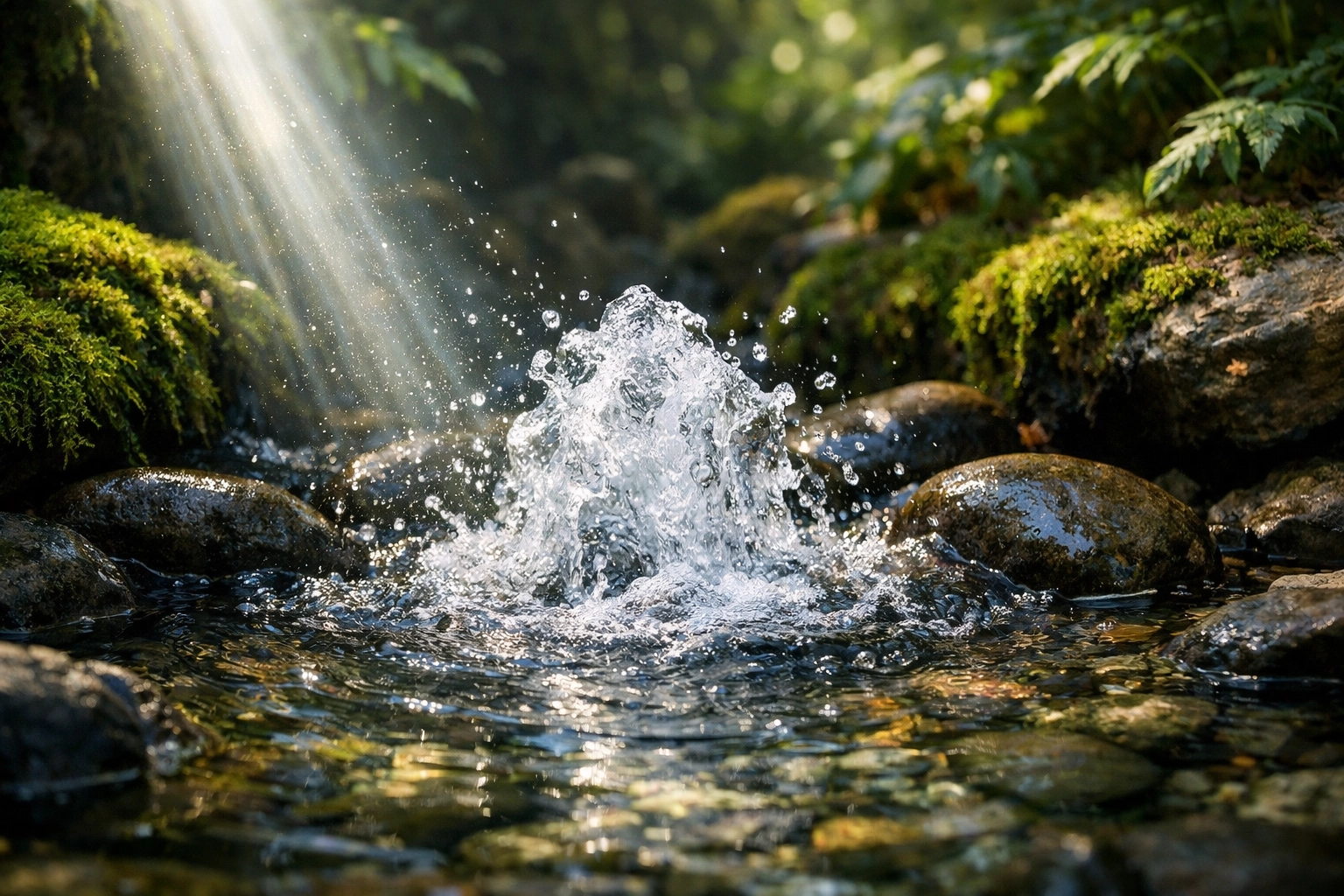 A vibrant natural spring of clear water bubbling over stones, symbolizing Jesus as the source of living water.