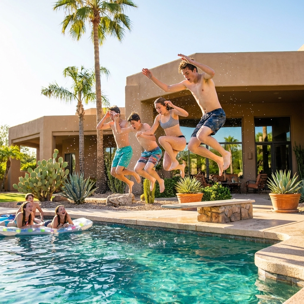 Teenagers jumping into a sparkling Mesa pool during a high bather load Spring Break party in the East Valley.