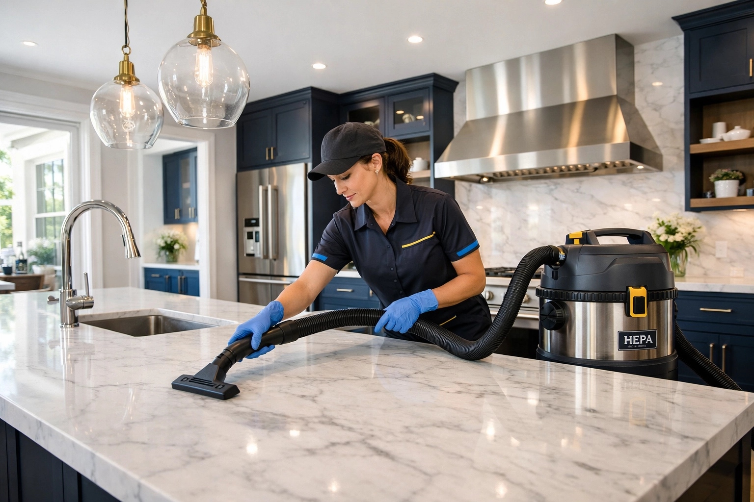 Professional post construction cleaning in a renovated Maynard kitchen with high-end marble countertops.