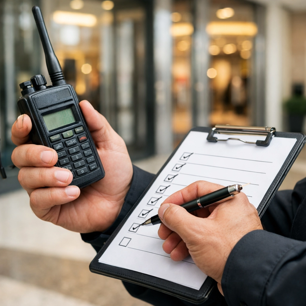 Security officer with a checklist at a venue entrance representing KGFM's manned guarding services.