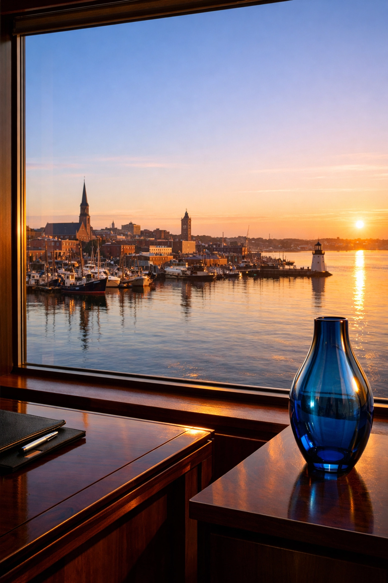 Streak-free executive office window overlooking New Bedford harbor after port city cleaning.