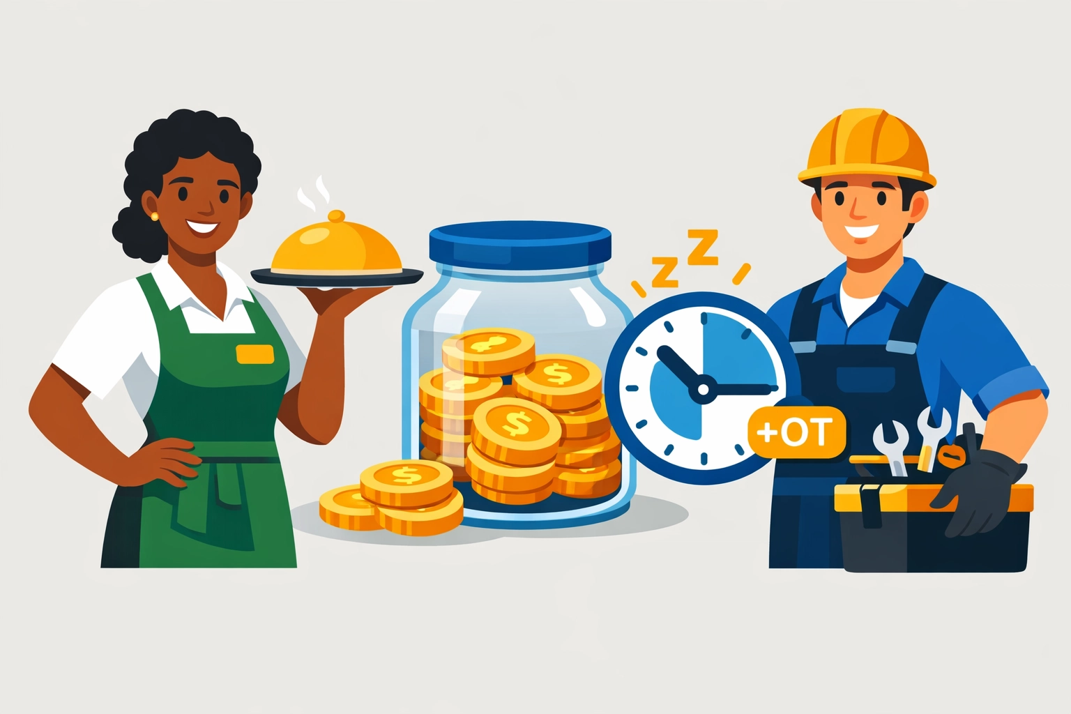 Workers with tip jar and clock icons highlighting new tax deductions for tips and overtime pay.