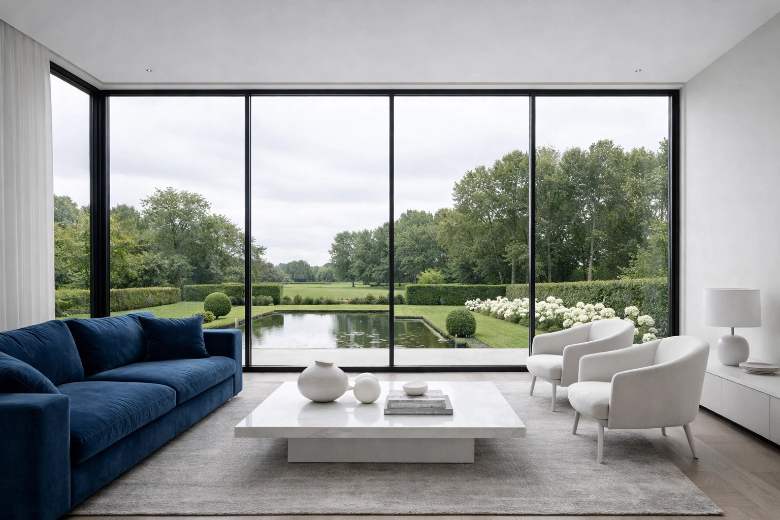 Large floor-to-ceiling living room windows cleaned to perfection during a cloudy day.