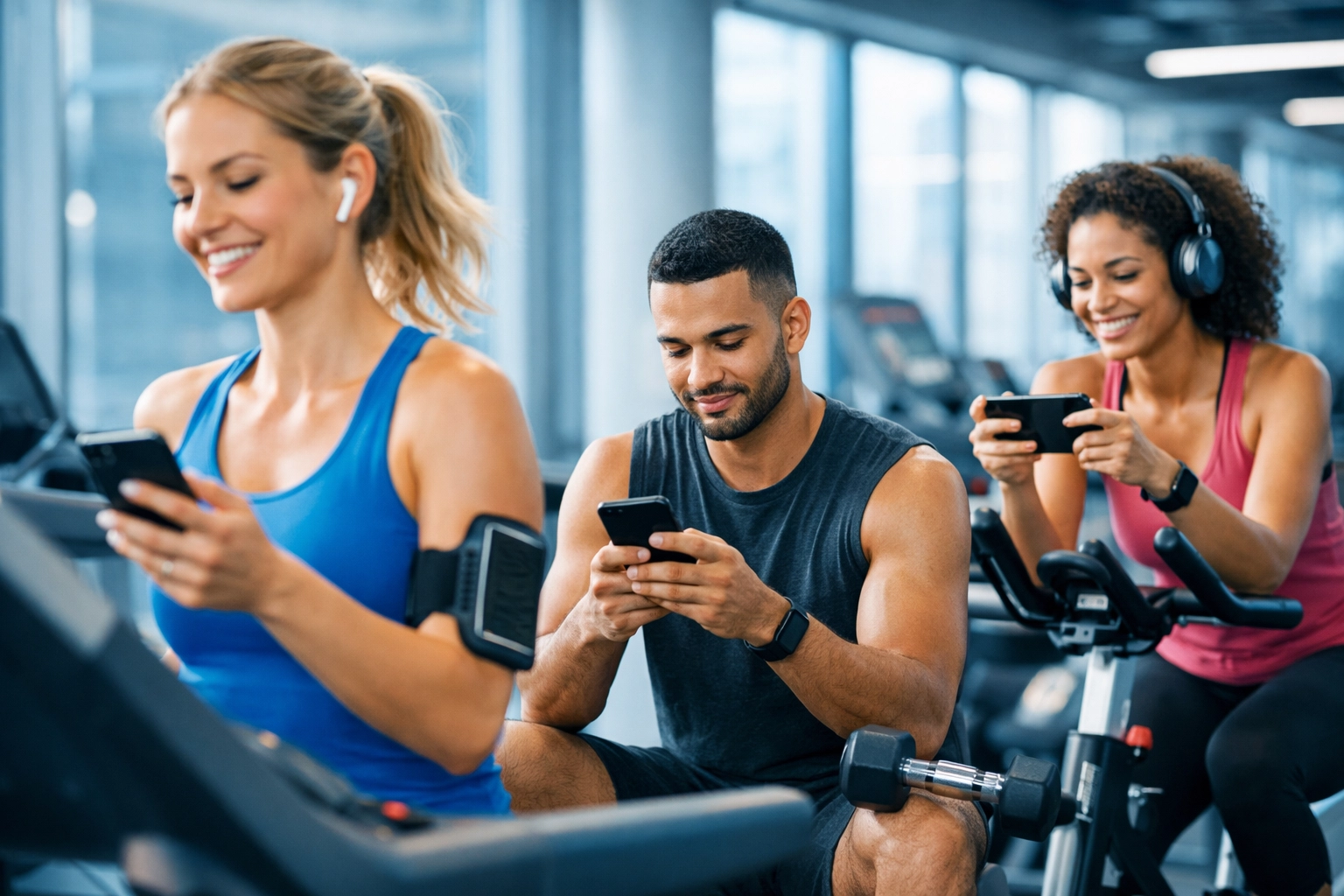 Gym members using smartphones and WiFi while exercising on treadmills and weights