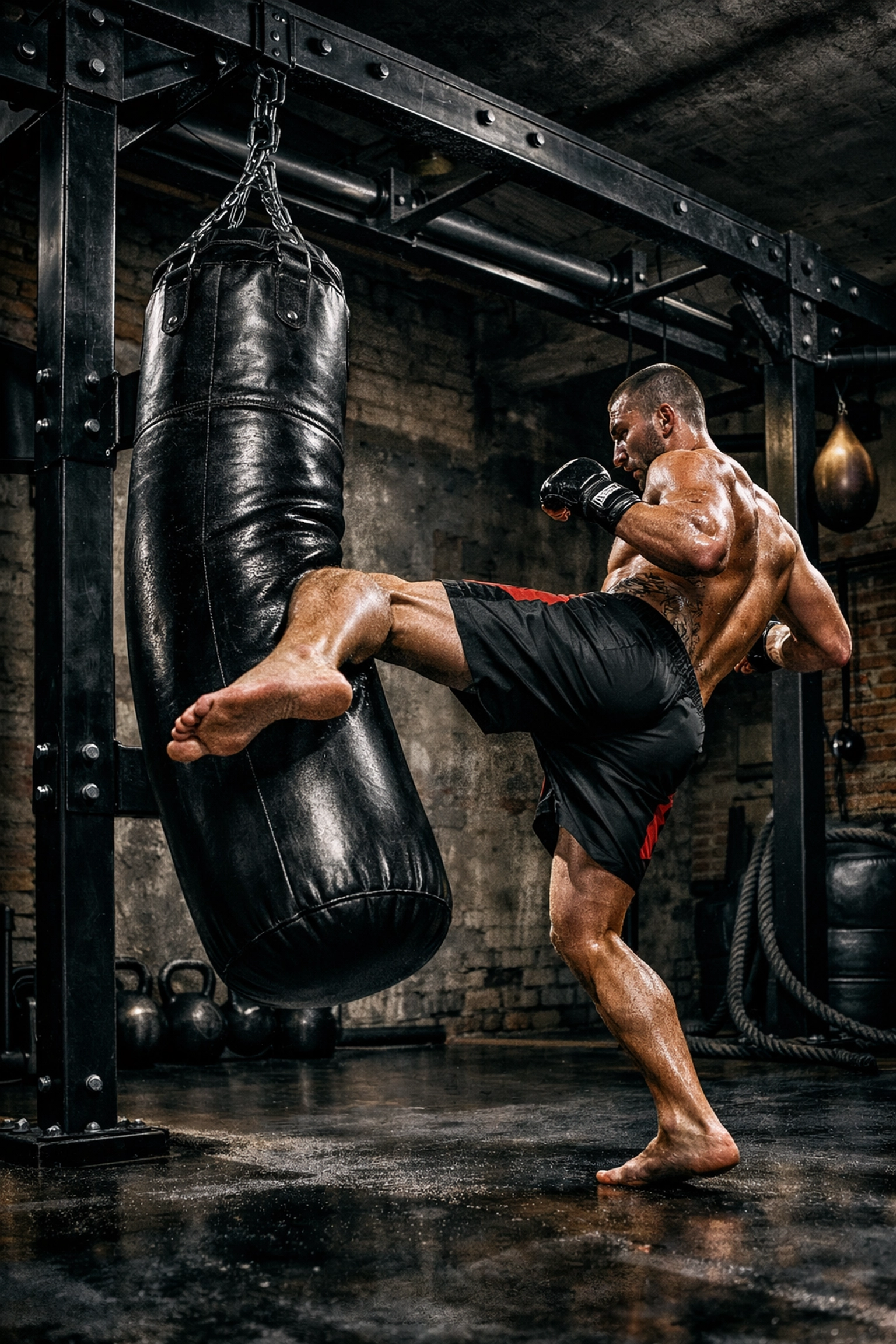 MMA fighter practicing kicks on a heavy bag attached to a no-wall-damage workout system.