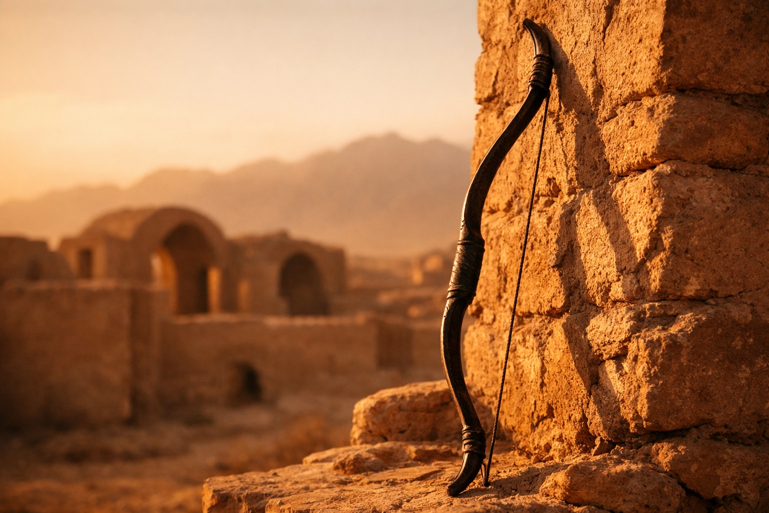 Ancient wooden bow in Persian ruins, illustrating the fulfillment of Jeremiah 49 prophecy regarding Elam.
