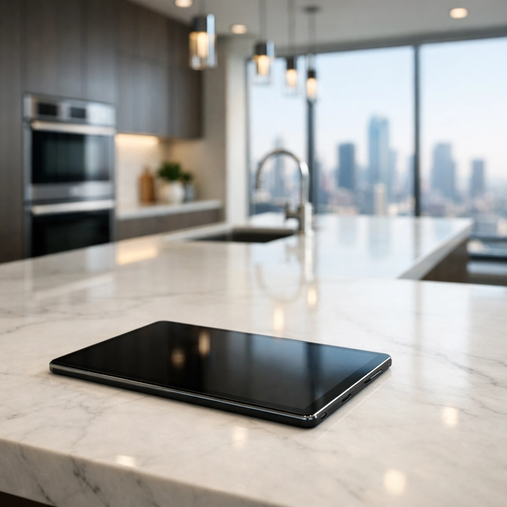 Professional digital tablet on a clean marble kitchen island in a move-in ready Indianapolis apartment.