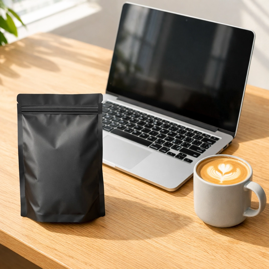 Coffee dropshipping entrepreneur's workspace featuring a branded coffee bag, laptop, and fresh latte.